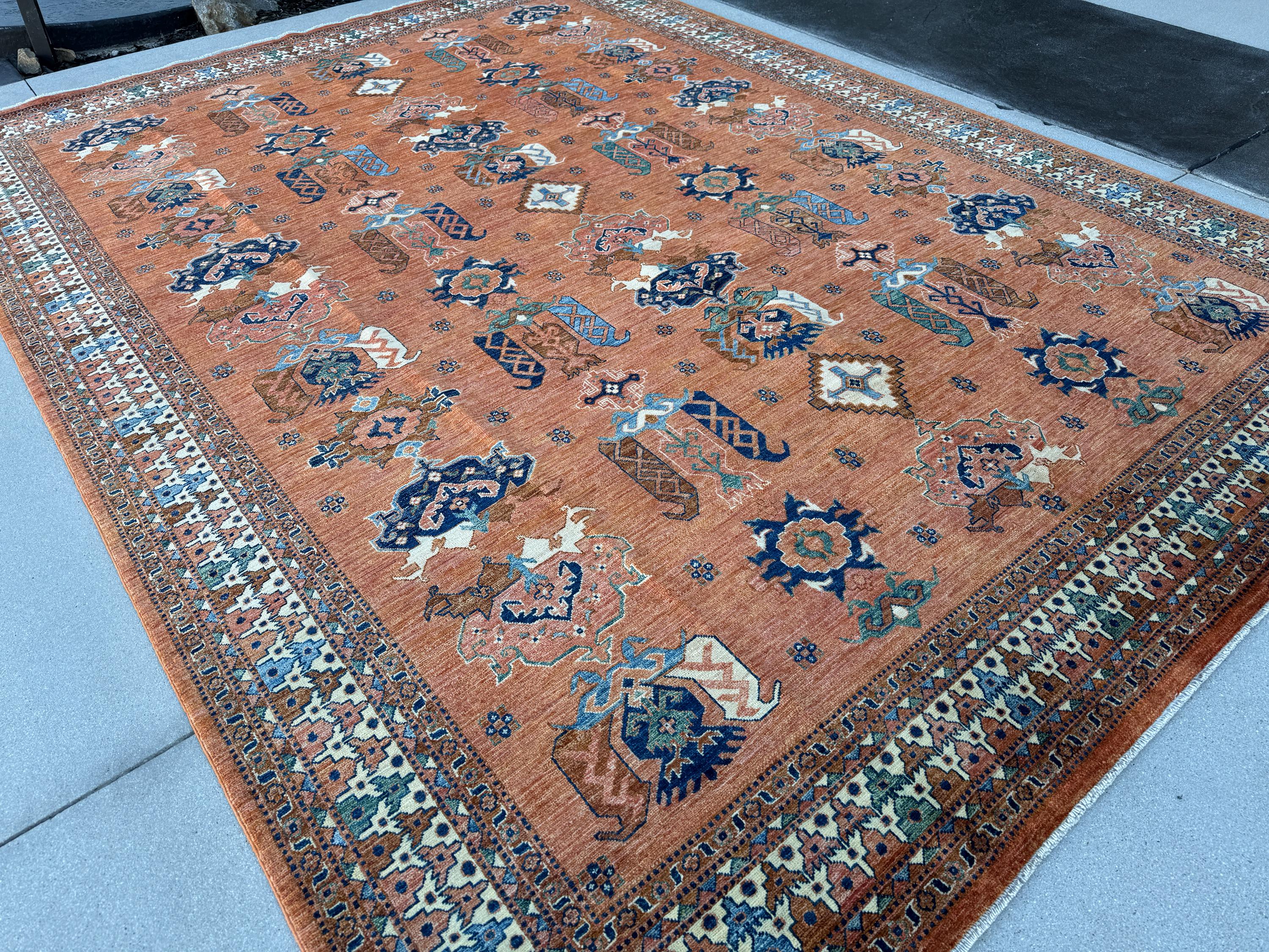 9x12 (275x365) Handmade Afghan Rug | Terracota Brown Blue Cream Green | Wool Turkoman Anatolian Traditional Floral Vintage Medallion