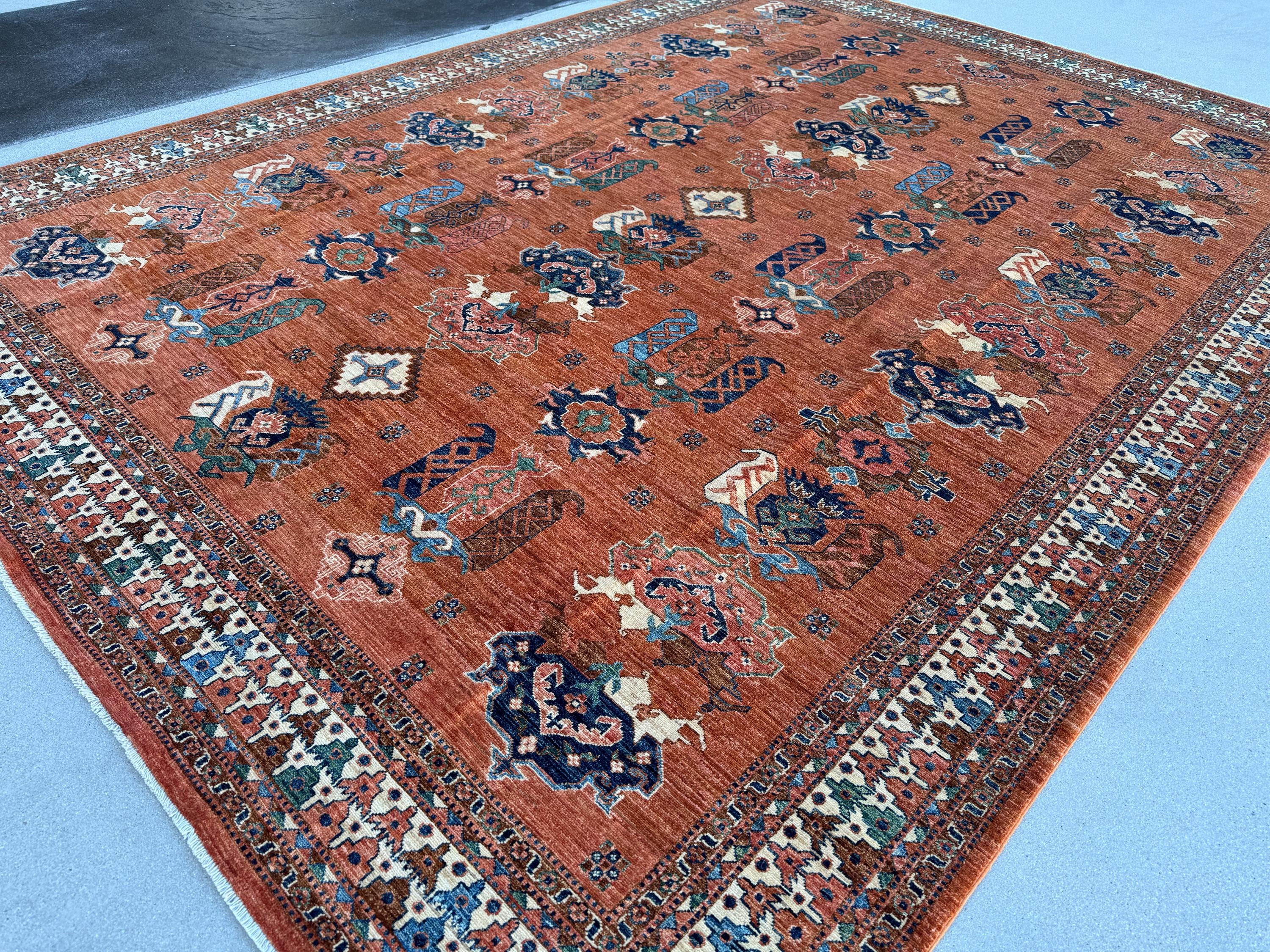 9x12 (275x365) Handmade Afghan Rug | Terracota Brown Blue Cream Green | Wool Turkoman Anatolian Traditional Floral Vintage Medallion