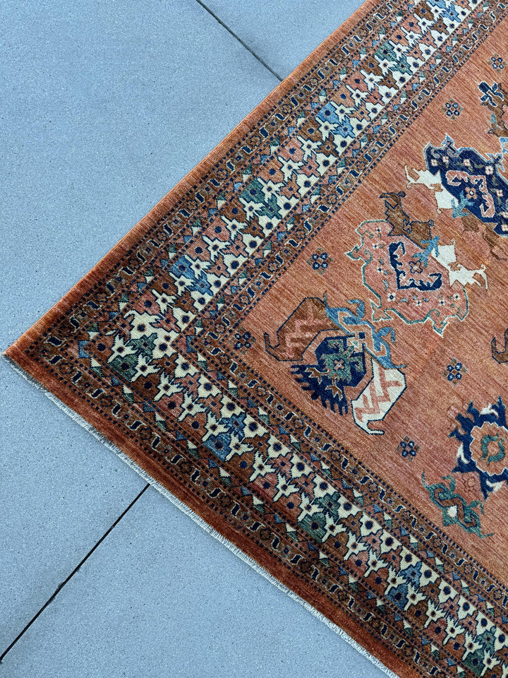 9x12 (275x365) Handmade Afghan Rug | Terracota Brown Blue Cream Green | Wool Turkoman Anatolian Traditional Floral Vintage Medallion