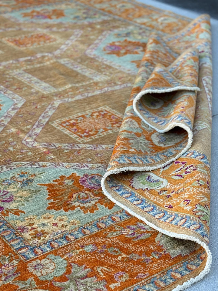 9x12 (275x365) Handmade Afghan Rug | Orange Rust Brown Beige Purple Muted Blue Green | Wool Turkoman Classic Traditional Floral Vintage