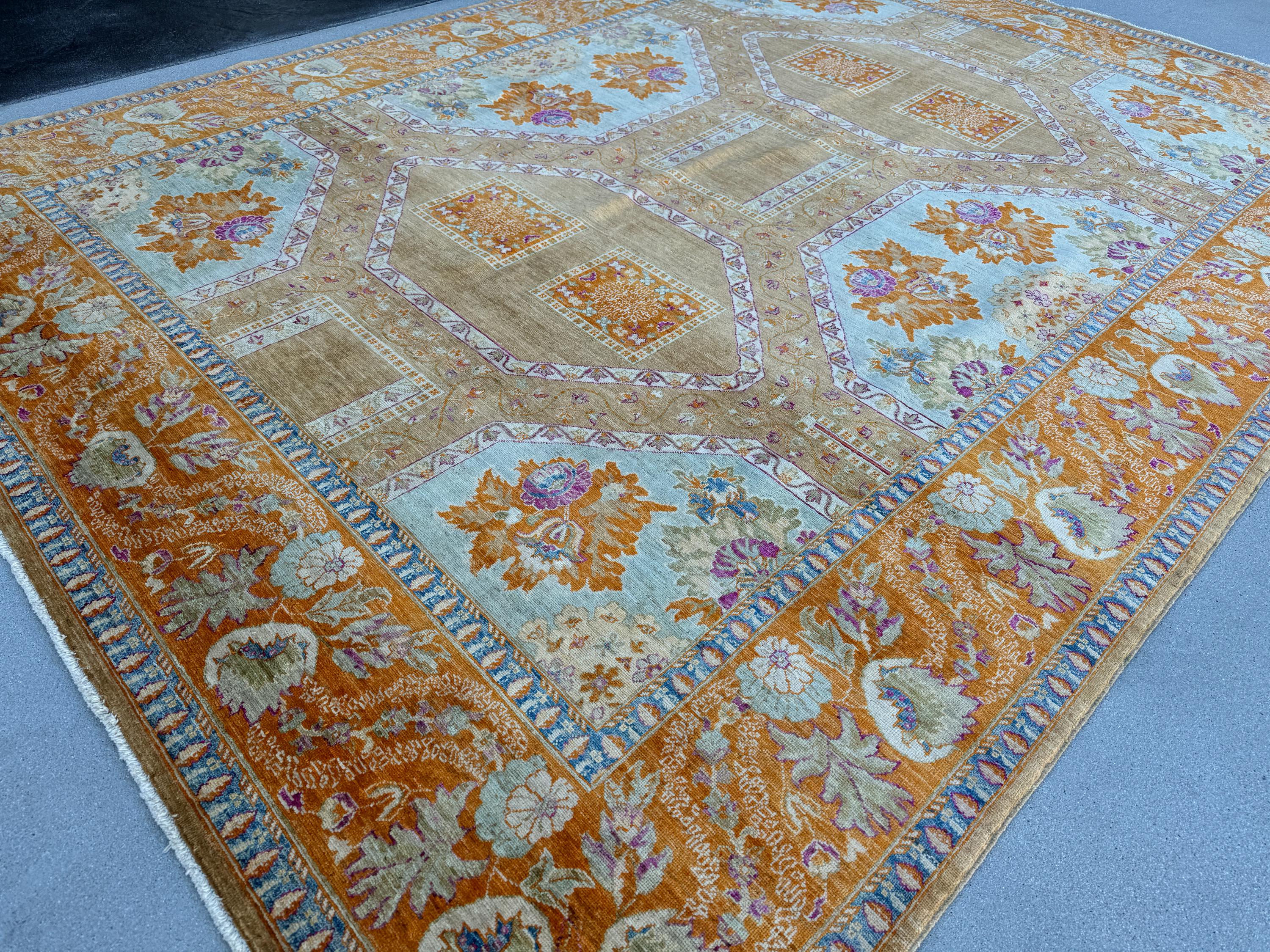 9x12 (275x365) Handmade Afghan Rug | Orange Rust Brown Beige Purple Muted Blue Green | Wool Turkoman Classic Traditional Floral Vintage