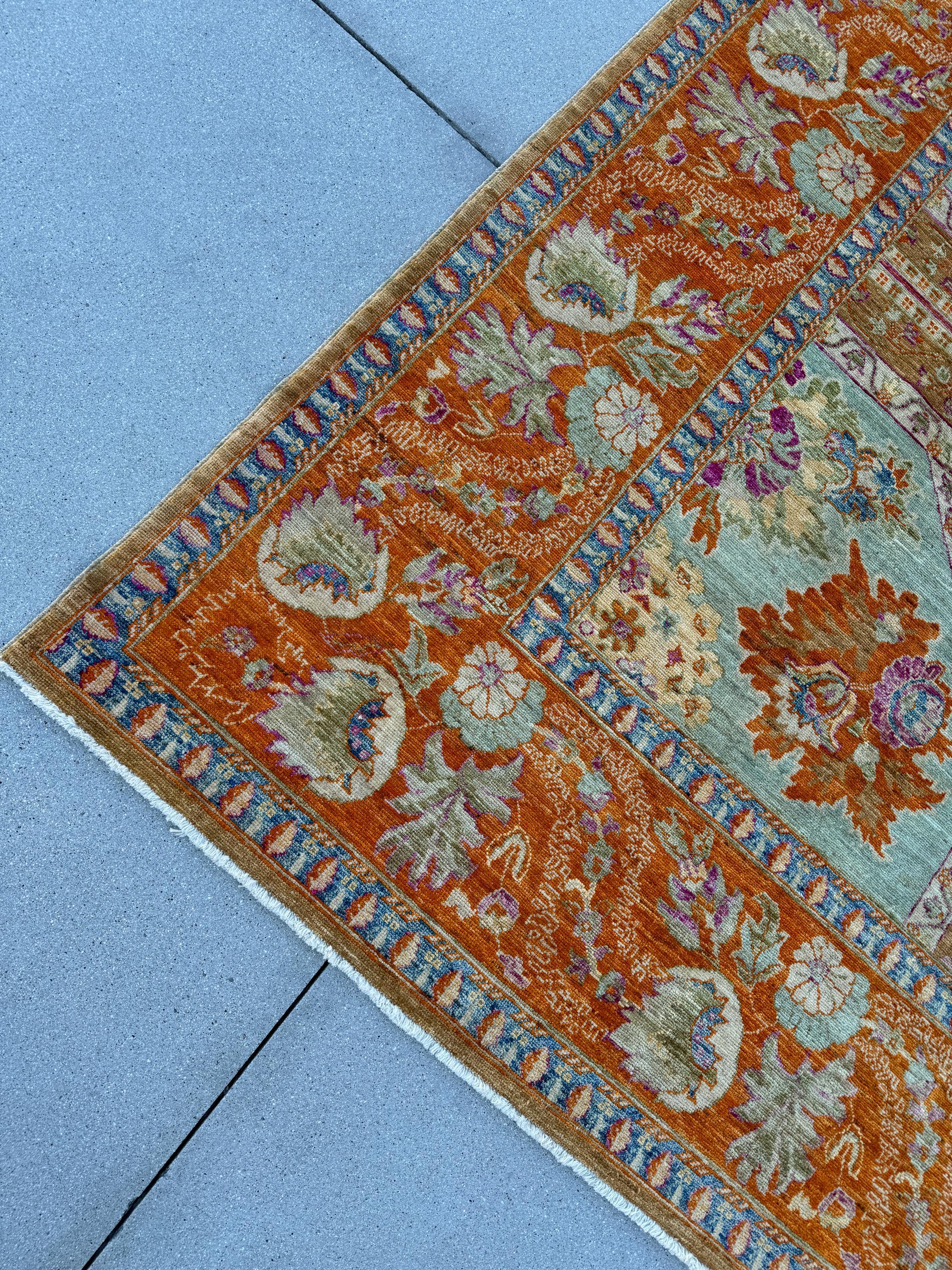 9x12 (275x365) Handmade Afghan Rug | Orange Rust Brown Beige Purple Muted Blue Green | Wool Turkoman Classic Traditional Floral Vintage