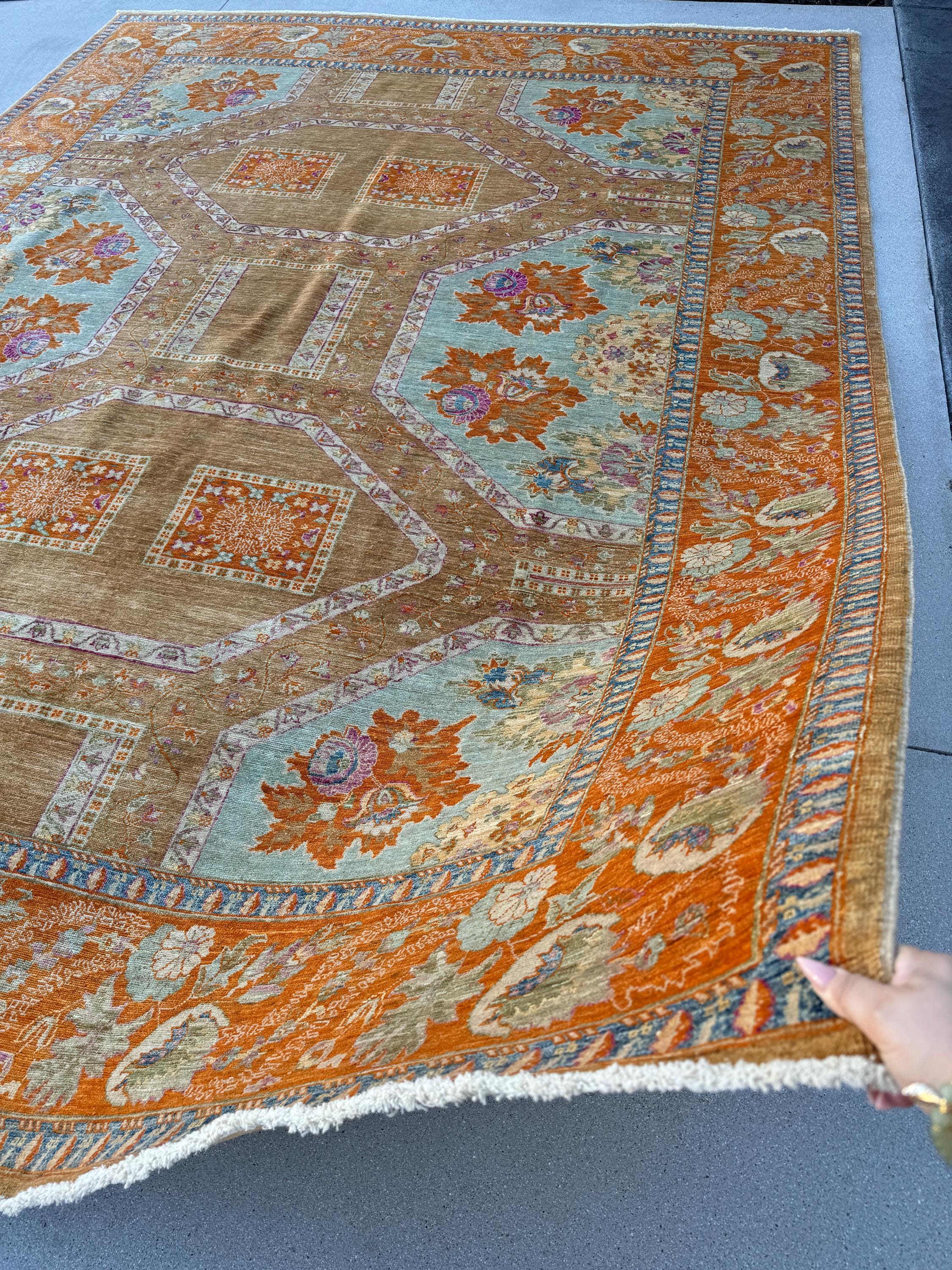 9x12 (275x365) Handmade Afghan Rug | Orange Rust Brown Beige Purple Muted Blue Green | Wool Turkoman Classic Traditional Floral Vintage