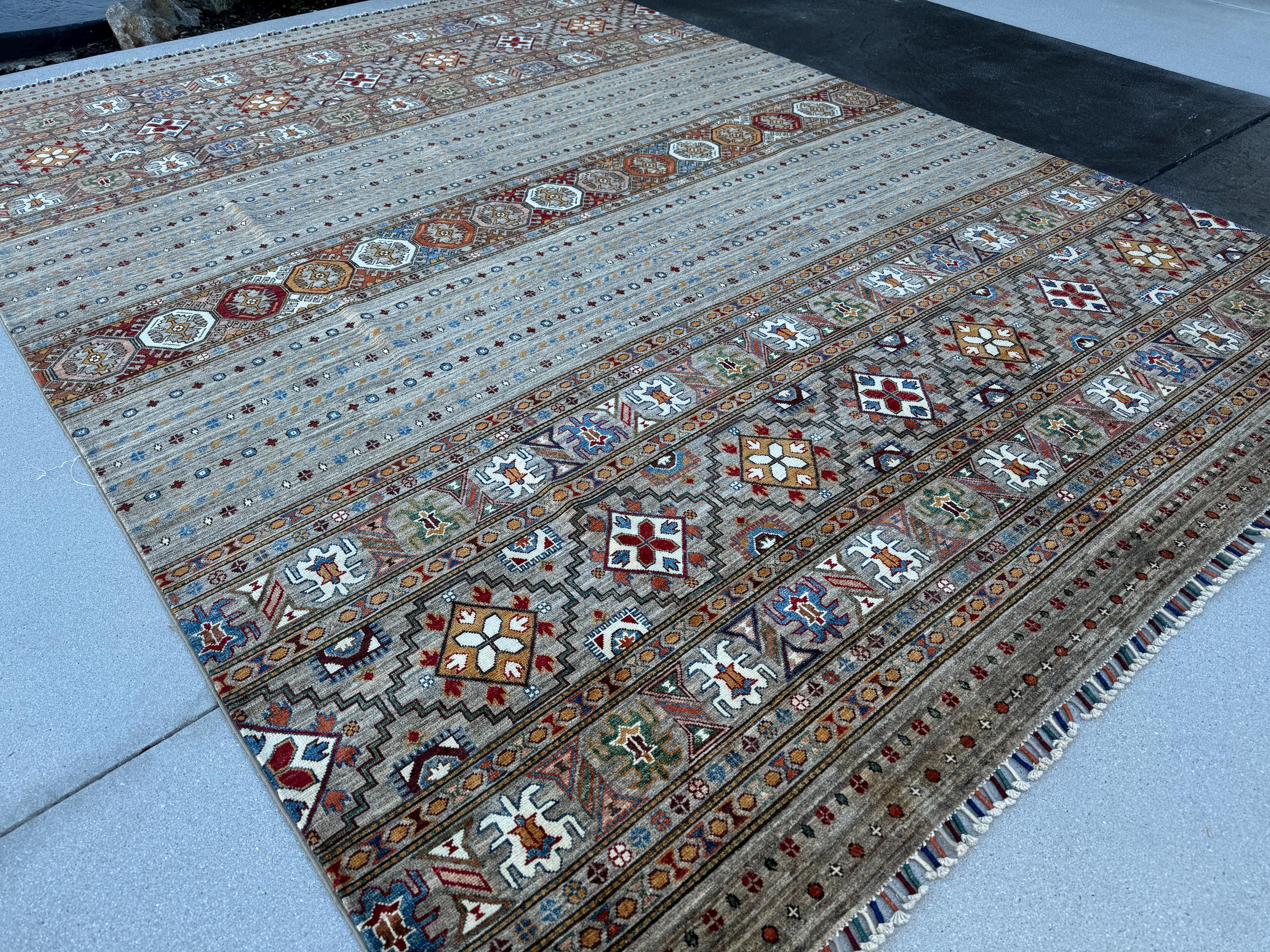 9x12 Handmade Afghan Rug | Grey Beige Red Burnt Orange Ivory Cream Sky Blue Foreset Olive Green | Tribal Hand Knotted Khorjin