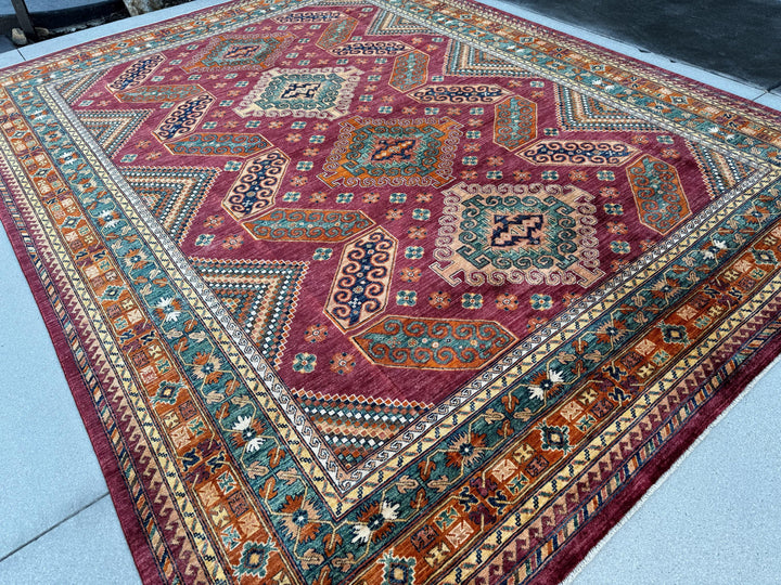 9x12 Handmade Afghan Rug | Burgundy Wine Red Teal Turquoise Ivory Cream Burnt Orange Brown Navy Blue | Heriz Hand Knotted Oushak Persian