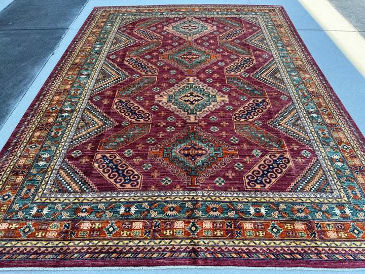 9x12 Handmade Afghan Rug | Burgundy Wine Red Teal Turquoise Ivory Cream Burnt Orange Brown Navy Blue | Heriz Hand Knotted Oushak Persian