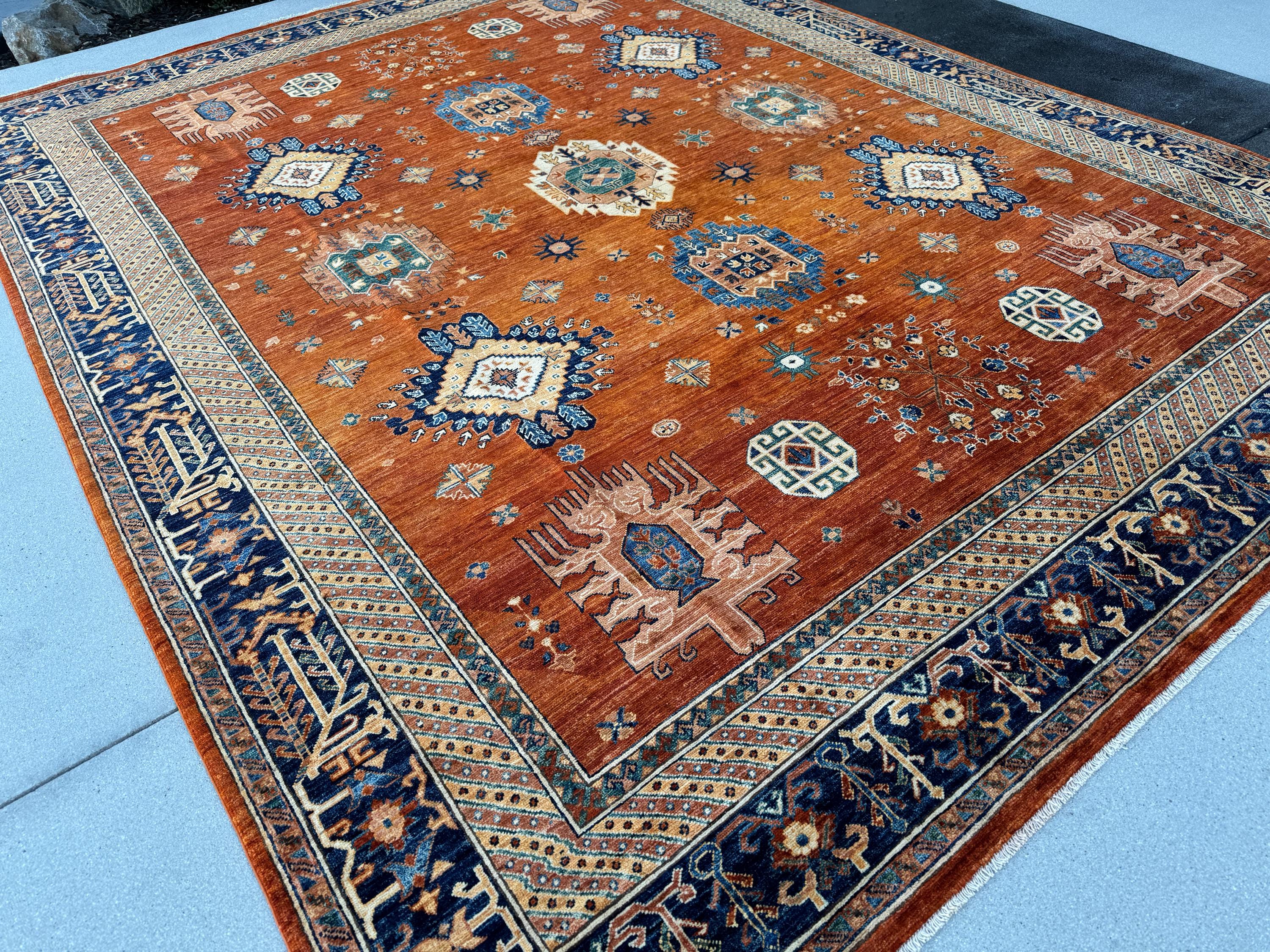 9x12 (275x365) Handmade Afghan Rug | Burnt Orange Ivory Cream Navy Blue Teal Turquoise Green | Wool Turkoman Traditional Vintage Medallion