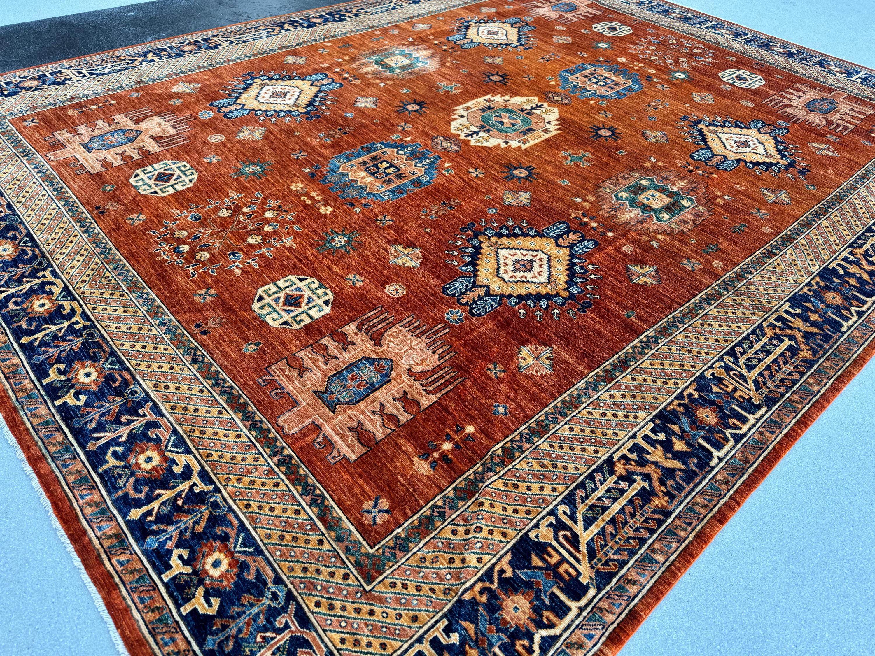 9x12 (275x365) Handmade Afghan Rug | Burnt Orange Ivory Cream Navy Blue Teal Turquoise Green | Wool Turkoman Traditional Vintage Medallion