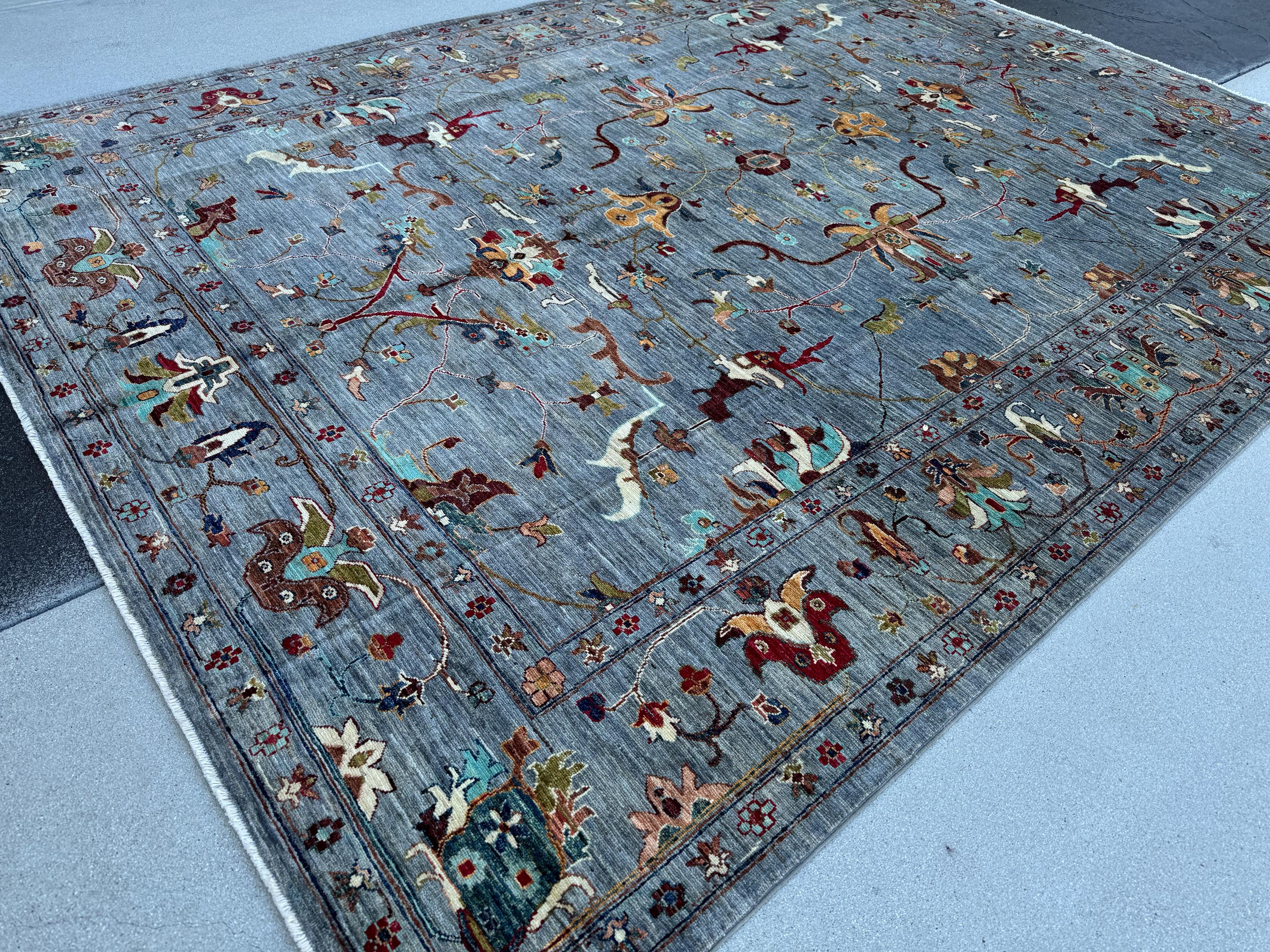 8x11 Handmade Afghan Rug | Light Slate Grey Blue Warm Beige Burgundy Red Gold Brown Green Ivory | Wool Turkoman Classic Traditional Floral