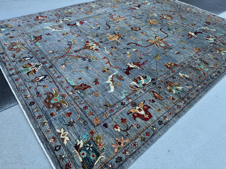 8x11 Handmade Afghan Rug | Light Slate Grey Blue Warm Beige Burgundy Red Gold Brown Green Ivory | Wool Turkoman Classic Traditional Floral