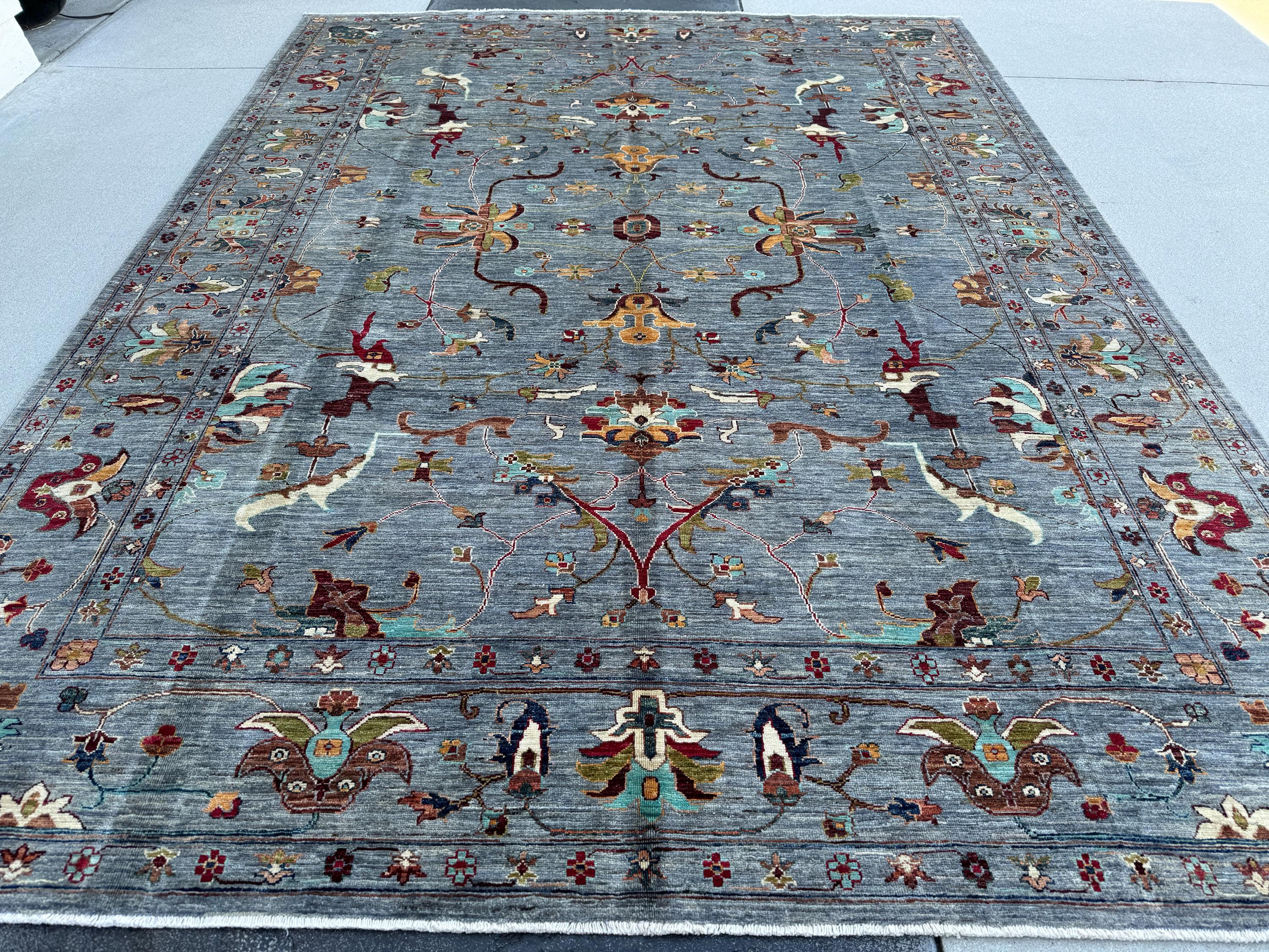 8x11 Handmade Afghan Rug | Light Slate Grey Blue Warm Beige Burgundy Red Gold Brown Green Ivory | Wool Turkoman Classic Traditional Floral