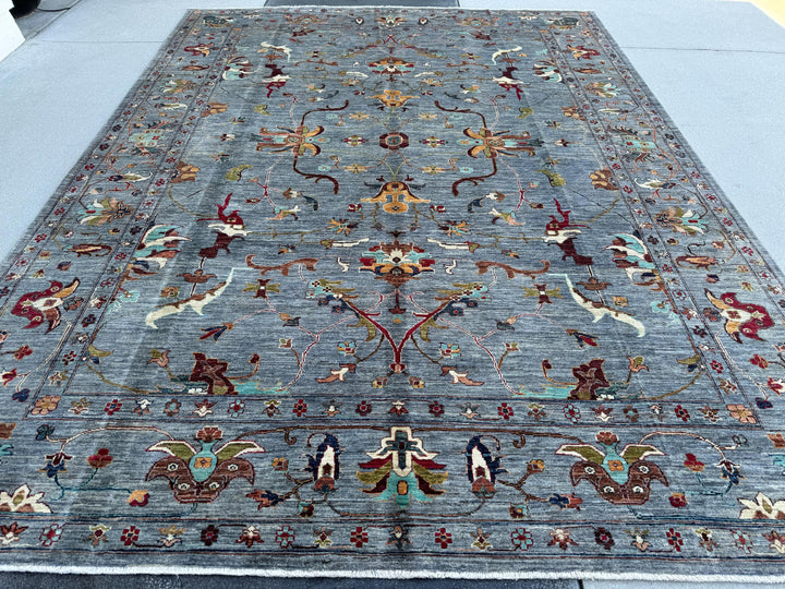 8x11 Handmade Afghan Rug | Light Slate Grey Blue Warm Beige Burgundy Red Gold Brown Green Ivory | Wool Turkoman Classic Traditional Floral