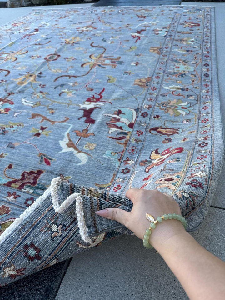 8x11 Handmade Afghan Rug | Light Slate Grey Blue Warm Beige Burgundy Red Gold Brown Green Ivory | Wool Turkoman Classic Traditional Floral