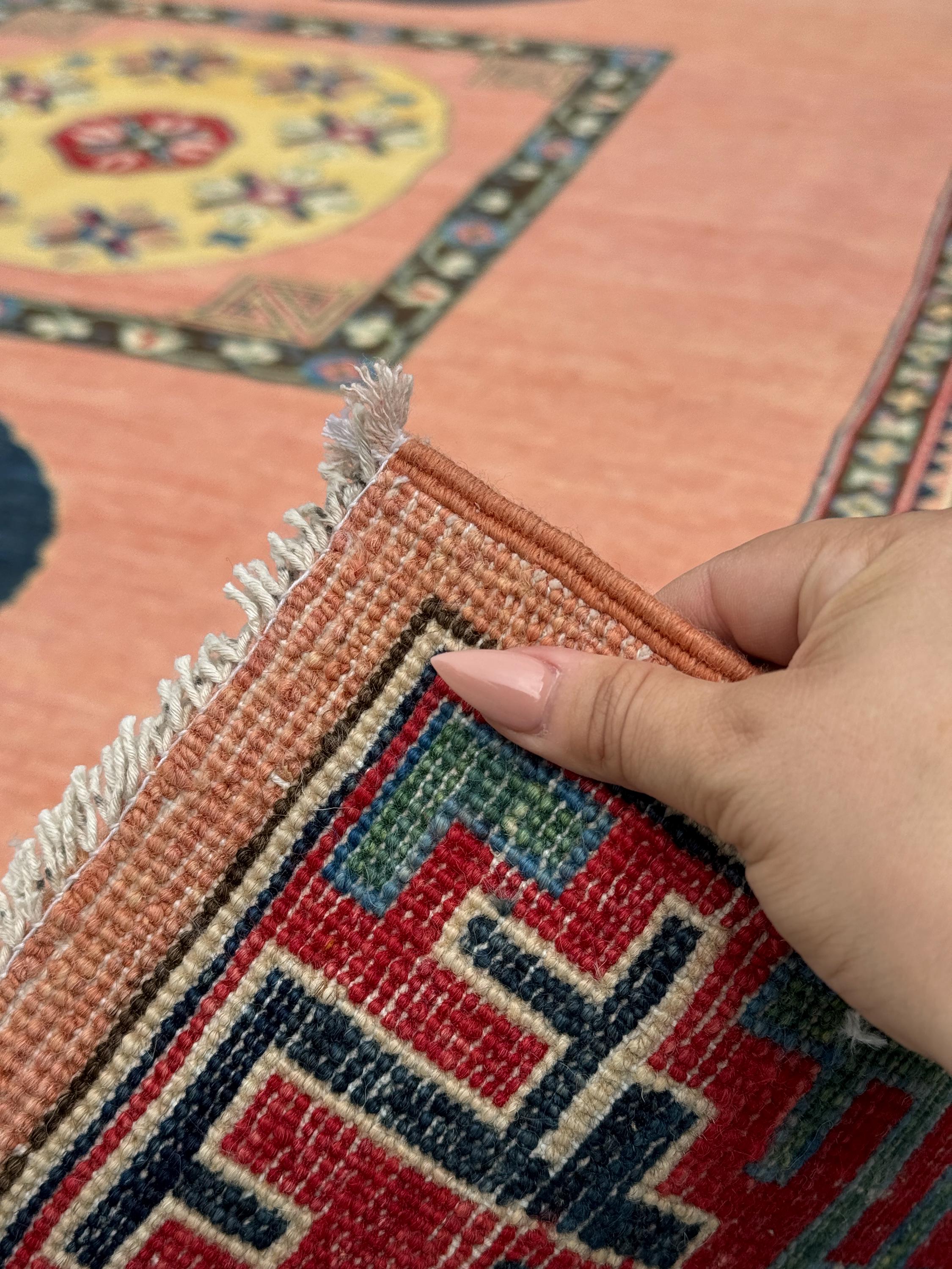 8x12 Handmade Afghan Rug | Peach Salmon Pink Gold Red Dark Denim Blue Green Yellow | Wool Oushak Persian Handwoven Hand-knotted Floral