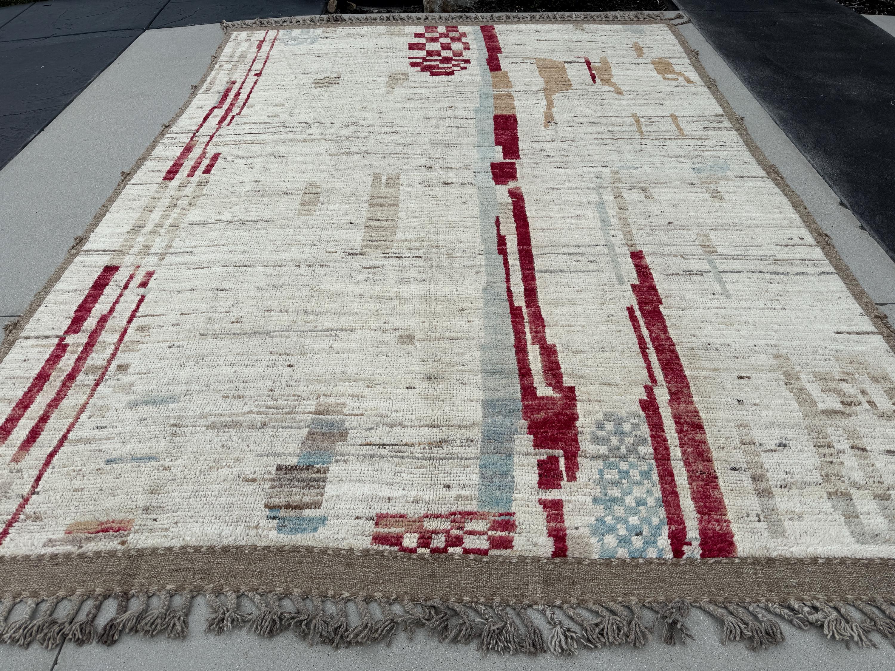 9x13 (274x396) Handmade Afghan Moroccan Rug | Cream White Ivory Grey Gray Crimson Blood Red Beige Tan Brown Sky Denim Powder Blue Taupe Wool