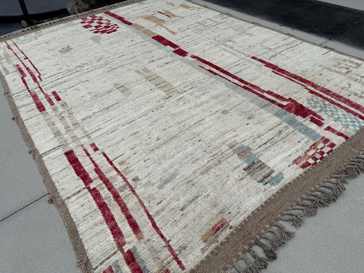 9x13 (274x396) Handmade Afghan Moroccan Rug | Cream White Ivory Grey Gray Crimson Blood Red Beige Tan Brown Sky Denim Powder Blue Taupe Wool