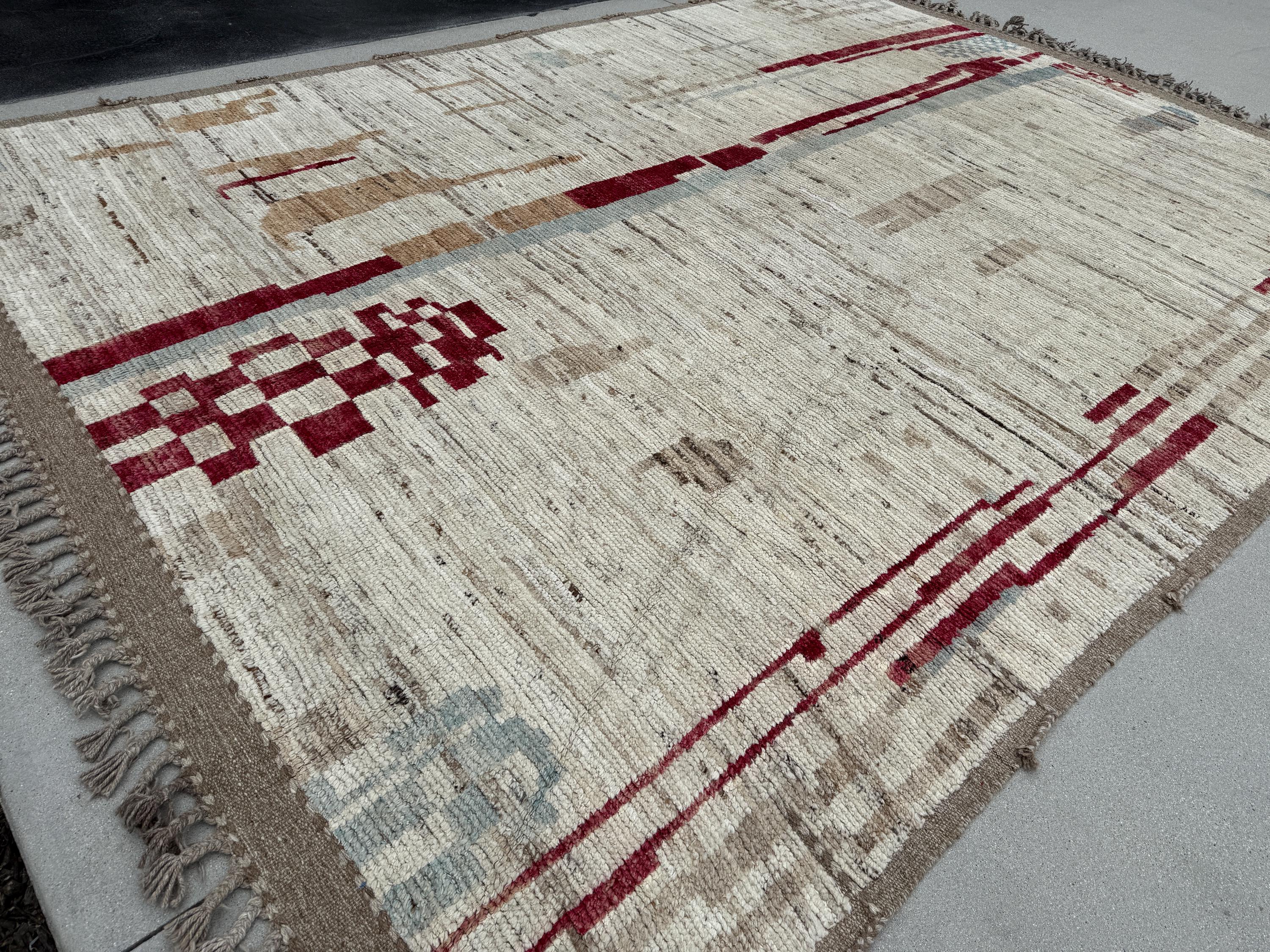 9x13 (274x396) Handmade Afghan Moroccan Rug | Cream White Ivory Grey Gray Crimson Blood Red Beige Tan Brown Sky Denim Powder Blue Taupe Wool