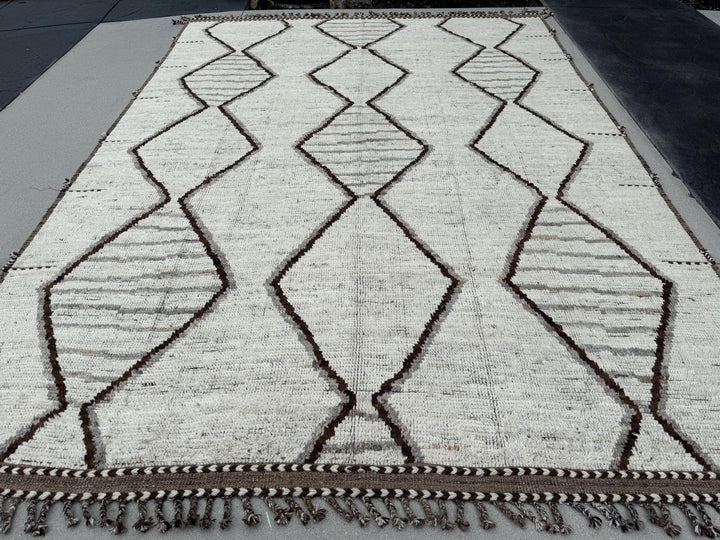 9x13 (274x396) Handmade Afghan Moroccan Rug | Neutral Cream White Ivory Grey Gray Black | Berber Beni Wool Shag Plush Flokati Tribal