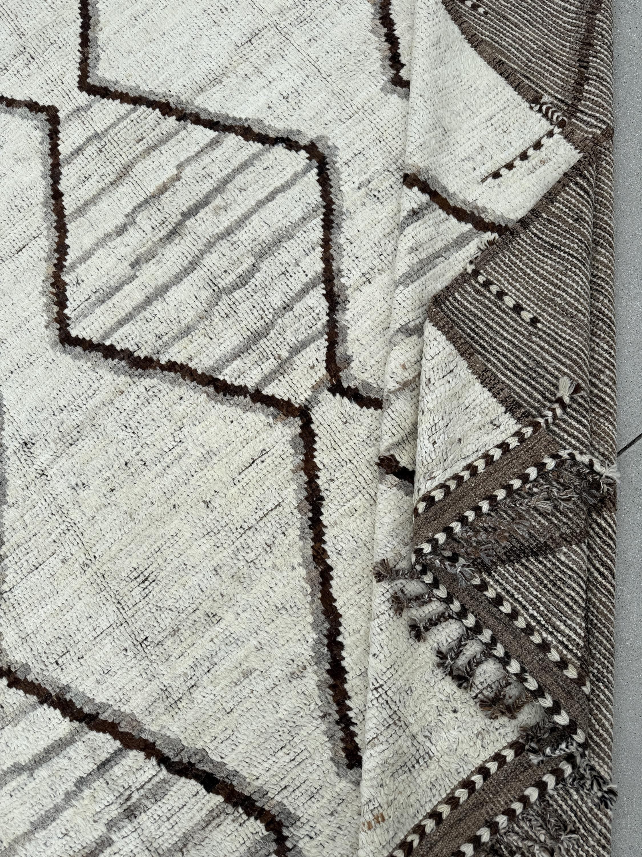 9x13 (274x396) Handmade Afghan Moroccan Rug | Neutral Cream White Ivory Grey Gray Black | Berber Beni Wool Shag Plush Flokati Tribal