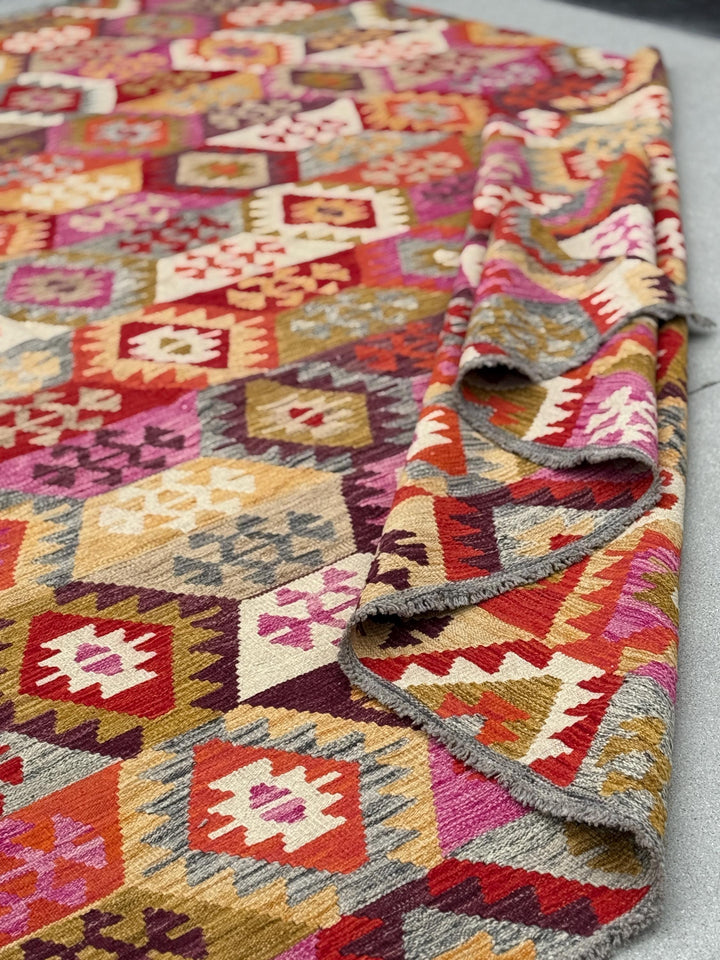 9x12 (260x365) Handmade Afghan Kilim Rug | Fuschia Rose Pink Blood Crimson Red Cream Grey Eggplant Purple Mustard Gold Beige Tan White Wool