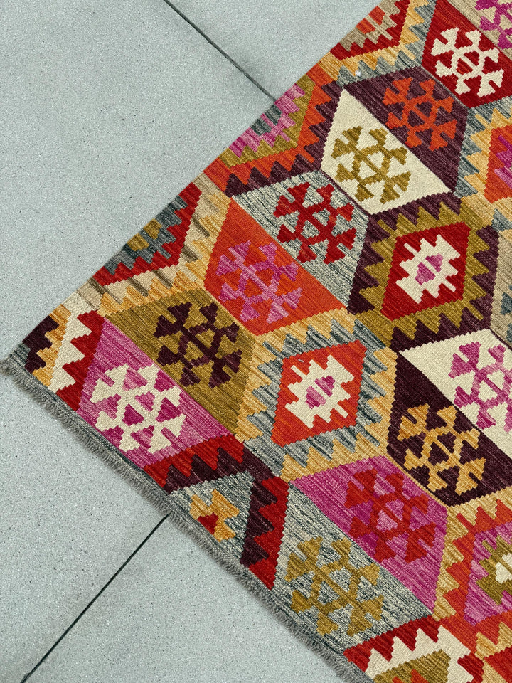 9x12 (260x365) Handmade Afghan Kilim Rug | Fuschia Rose Pink Blood Crimson Red Cream Grey Eggplant Purple Mustard Gold Beige Tan White Wool