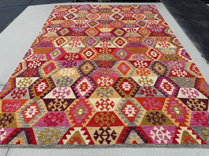 9x12 (260x365) Handmade Afghan Kilim Rug | Fuschia Rose Pink Blood Crimson Red Cream Grey Eggplant Purple Mustard Gold Beige Tan White Wool