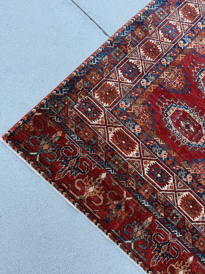 8x11 Handmade Afghan Rug | Crimson Blood Red Denim Blue Midnight Blue Saffron Gold Cream Ivory Beige White Coral Burnt Orange Carmel Brown