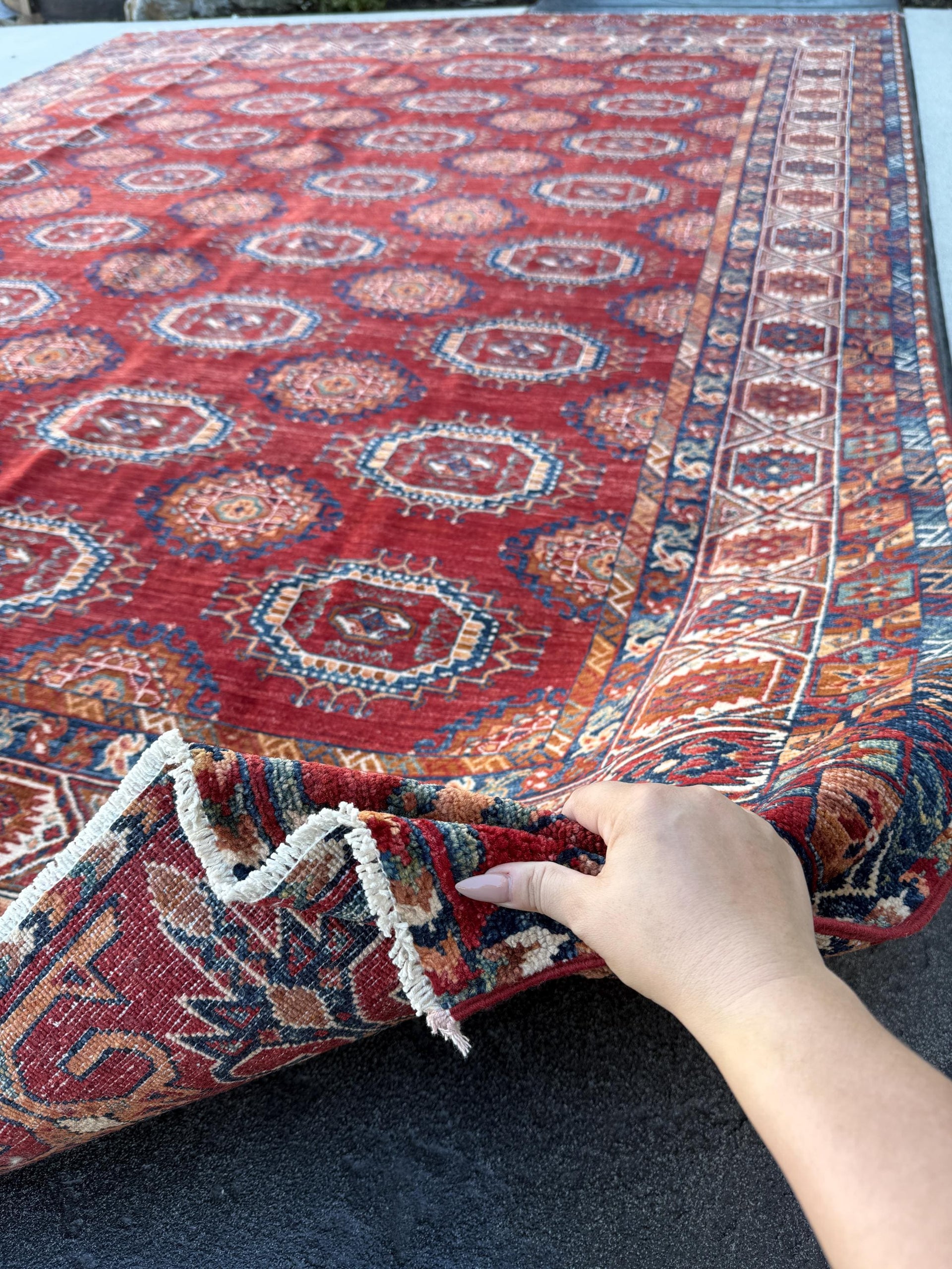 8x11 Handmade Afghan Rug | Crimson Blood Red Denim Blue Midnight Blue Saffron Gold Cream Ivory Beige White Coral Burnt Orange Carmel Brown