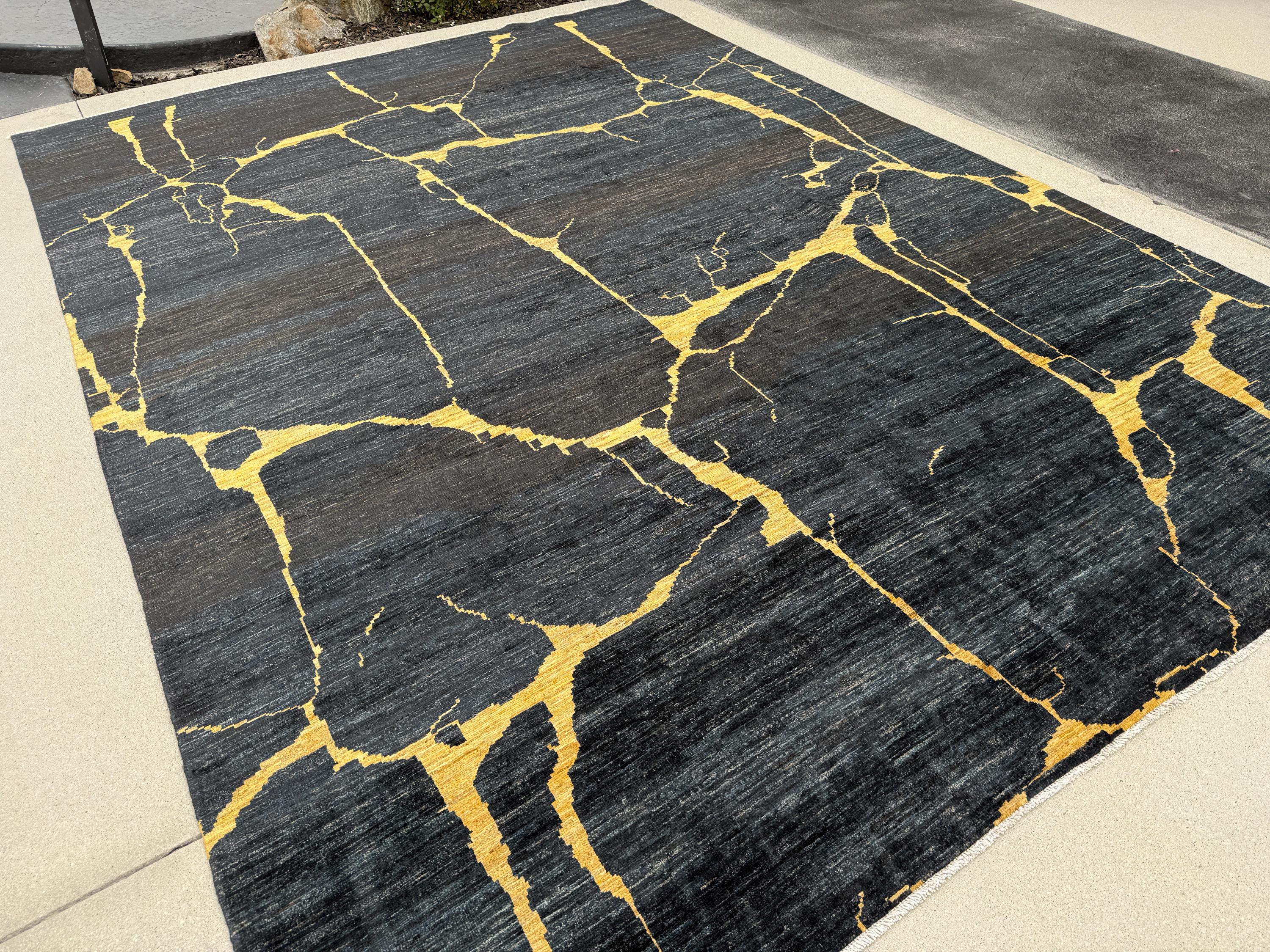 8x11 (244x335) Handmade Afghan Rug | Black Midnight Blue Gold Saffron Yellow | Wool Abstract Flokati Ourain Oushak Modern Contemporary Bold