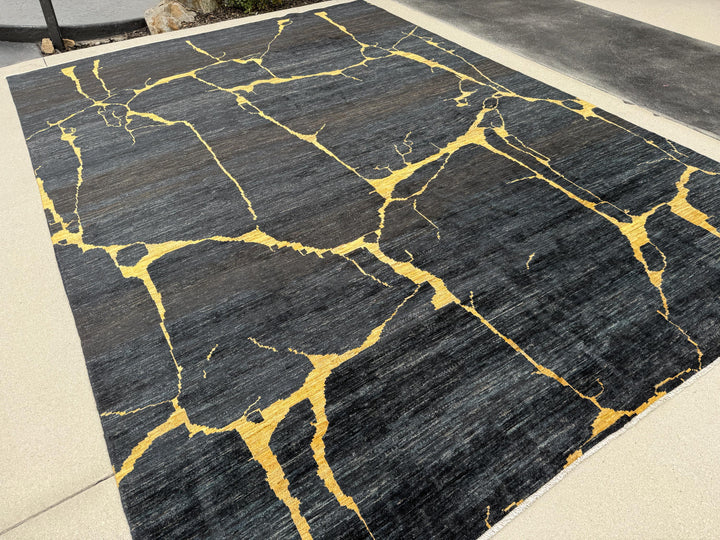 8x11 (244x335) Handmade Afghan Rug | Black Midnight Blue Gold Saffron Yellow | Wool Abstract Flokati Ourain Oushak Modern Contemporary Bold