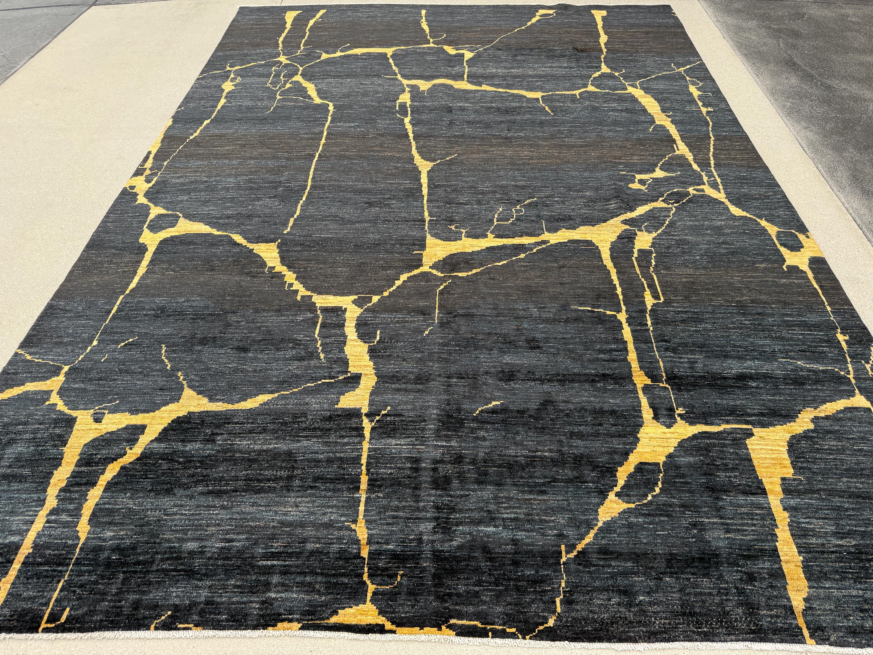 8x11 (244x335) Handmade Afghan Rug | Black Midnight Blue Gold Saffron Yellow | Wool Abstract Flokati Ourain Oushak Modern Contemporary Bold