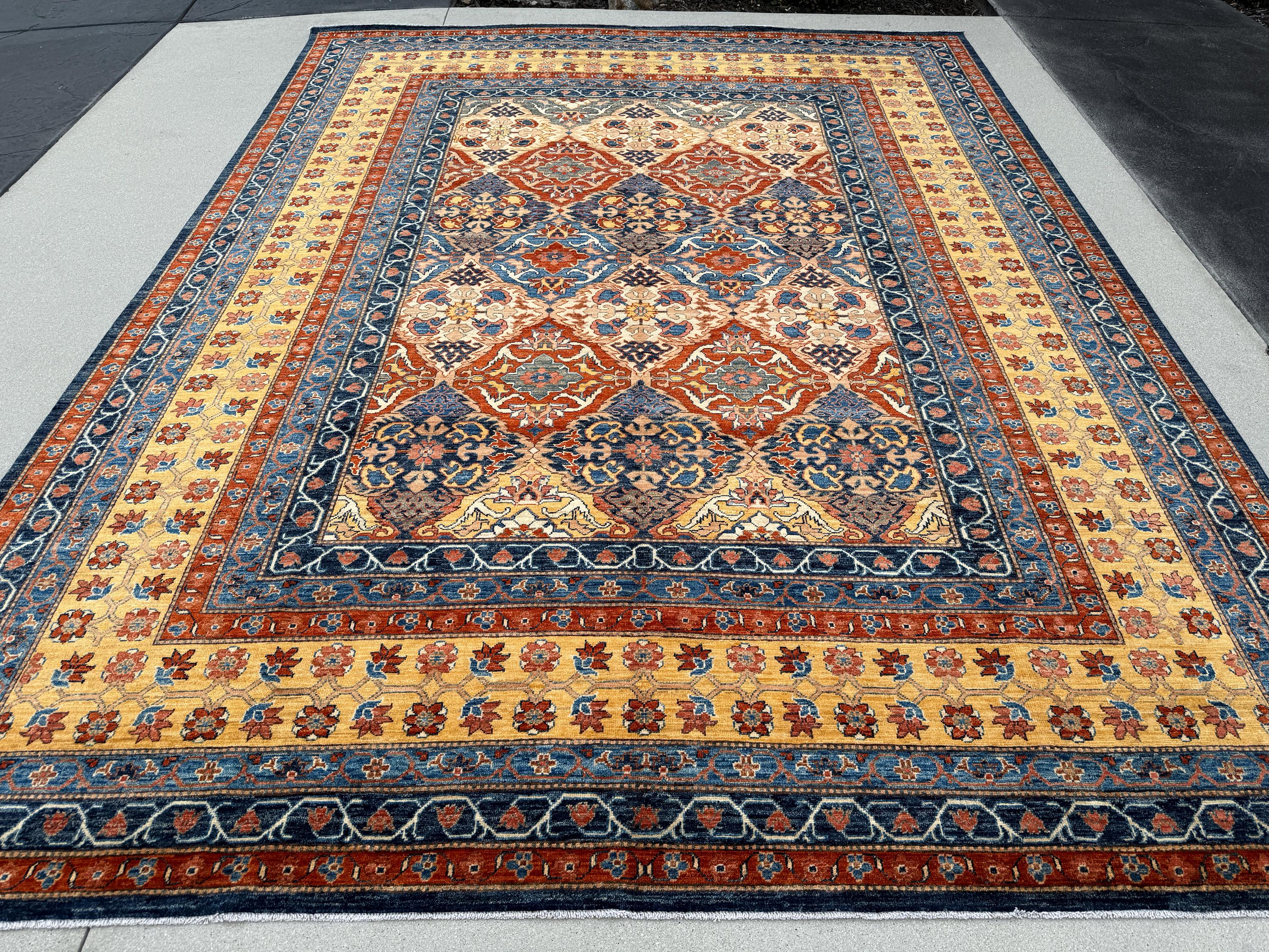 9x12 (274x366) Handmade Afghan Rug Burnt Peach Blood Orange Auburn Blood Red Royal Denim Prussian Blue White Ivory Saffron Gold Yellow Black