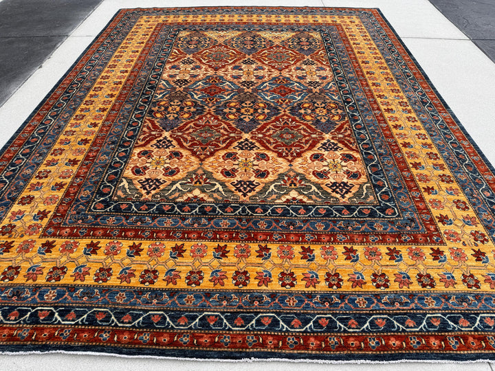 9x12 (274x366) Handmade Afghan Rug Burnt Peach Blood Orange Auburn Blood Red Royal Denim Prussian Blue White Ivory Saffron Gold Yellow Black