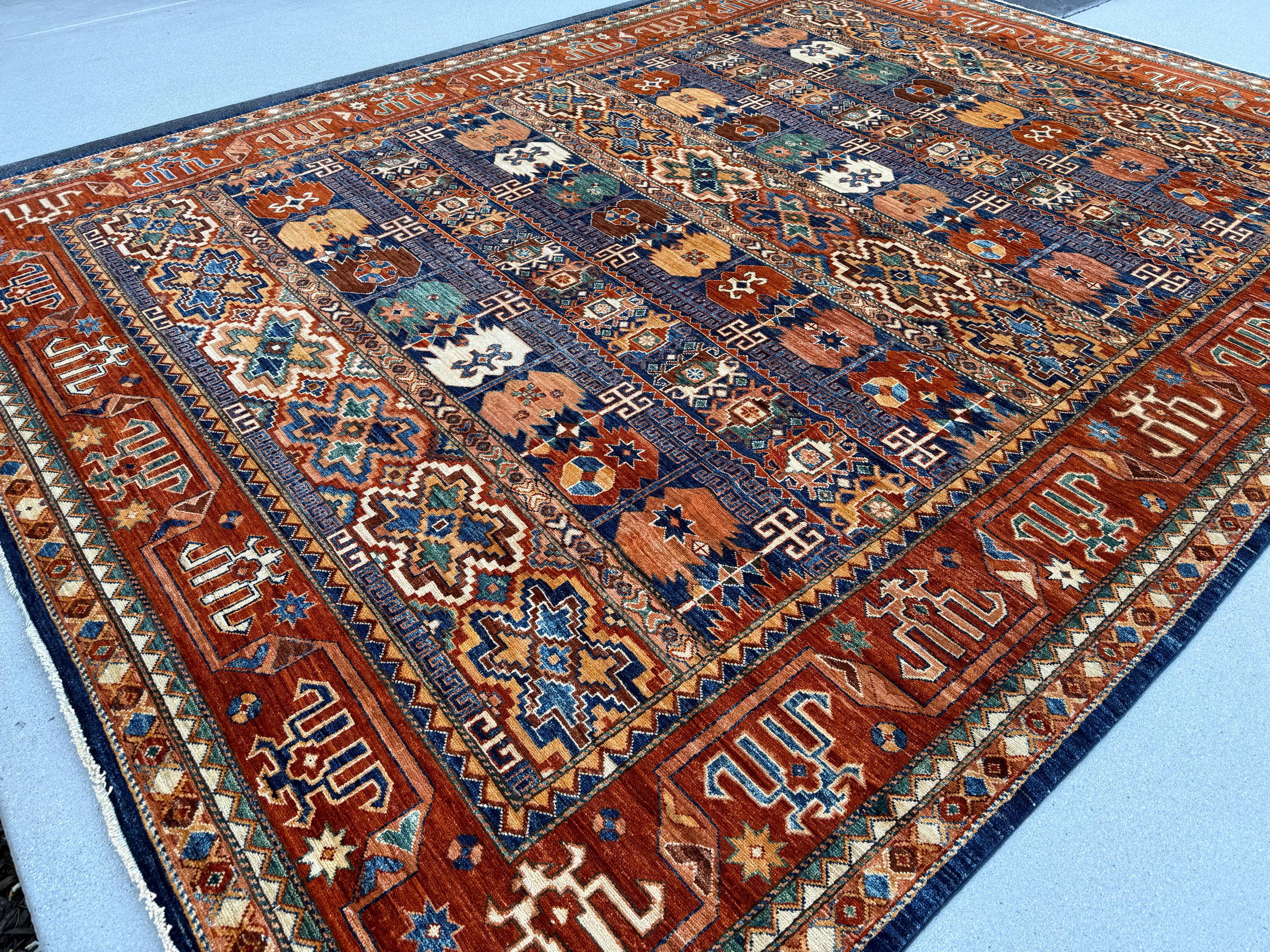 9x12 Handmade Afghan Rug | Terracotta Rust Burnt Orange Saffron Mustard Yellow Gold Copper Caramel Brown Beige Cream Navy Denim Blue Teal