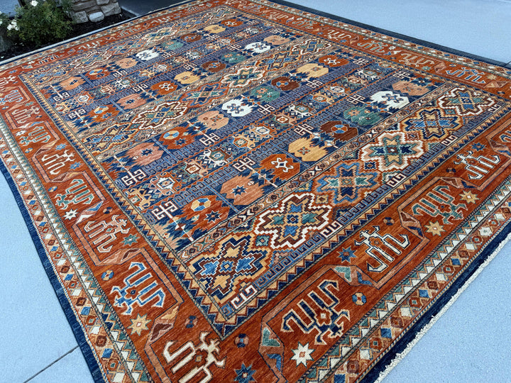 9x12 Handmade Afghan Rug | Terracotta Rust Burnt Orange Saffron Mustard Yellow Gold Copper Caramel Brown Beige Cream Navy Denim Blue Teal