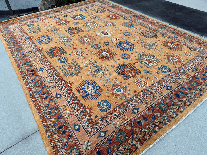 10x14 Handmade Afghan Rug | Mustard Yellow Terracotta Rust Burnt Orange Saffron Gold Copper Caramel Brown Beige Cream Navy Denim Blue Teal