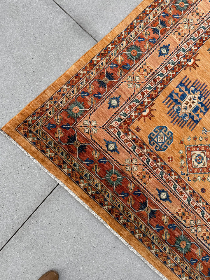 10x14 Handmade Afghan Rug | Mustard Yellow Terracotta Rust Burnt Orange Saffron Gold Copper Caramel Brown Beige Cream Navy Denim Blue Teal