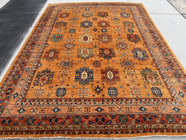 9x12 Handmade Afghan Rug | Mustard Yellow Terracotta Rust Burnt Orange Saffron Gold Copper Caramel Brown Beige Cream Navy Denim Blue Teal