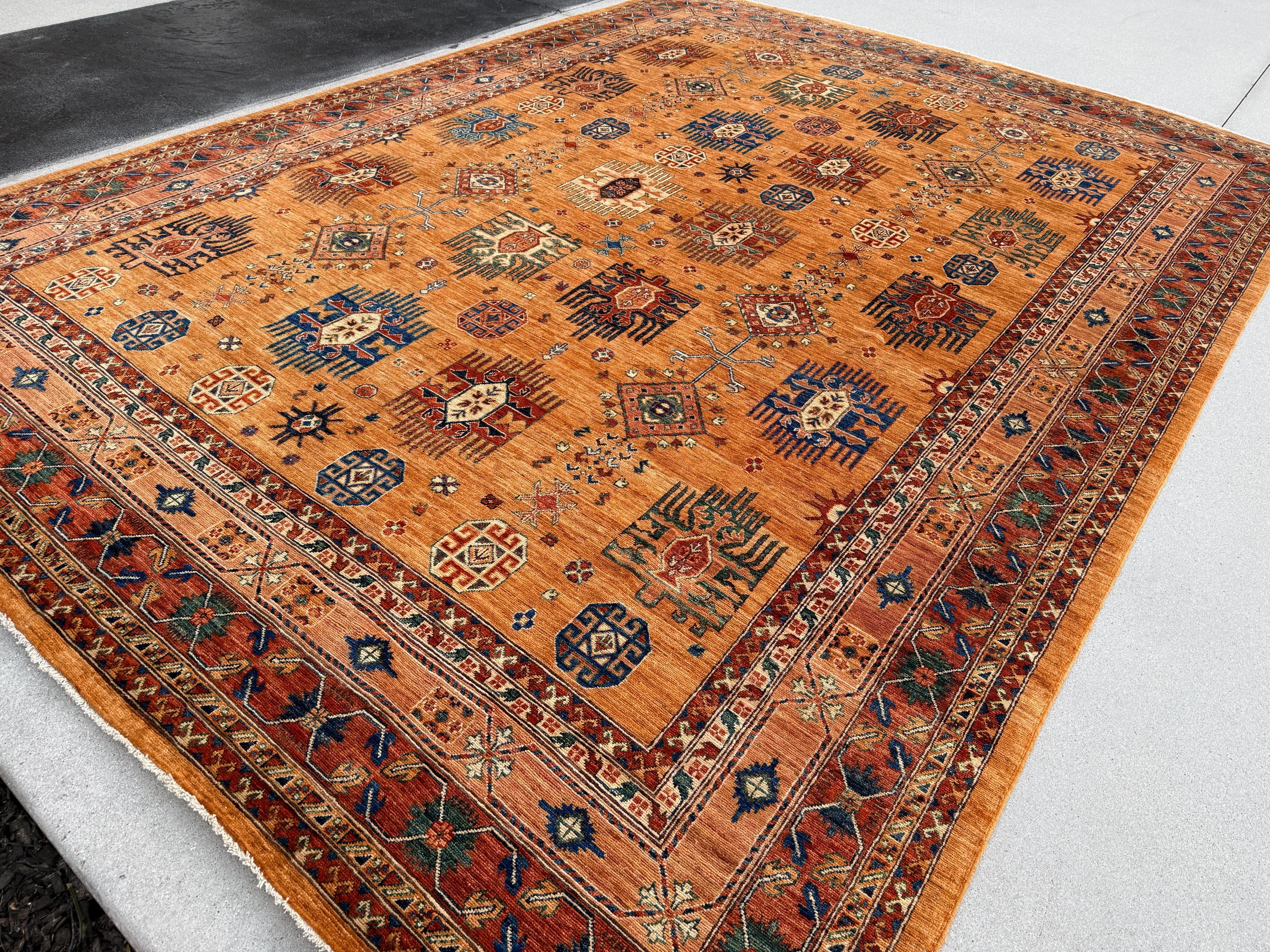 9x12 Handmade Afghan Rug | Mustard Yellow Terracotta Rust Burnt Orange Saffron Gold Copper Caramel Brown Beige Cream Navy Denim Blue Teal