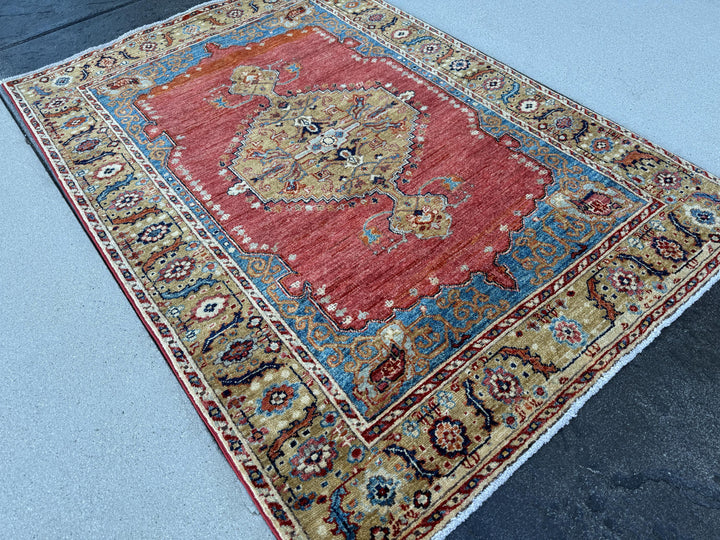 4x6 (120x185) Handmade Afghan Rug | Red Navy Sky Blue Cream Beige Gold Yellow Green | Wool Handknotted Tribal Persian Medallion Borders