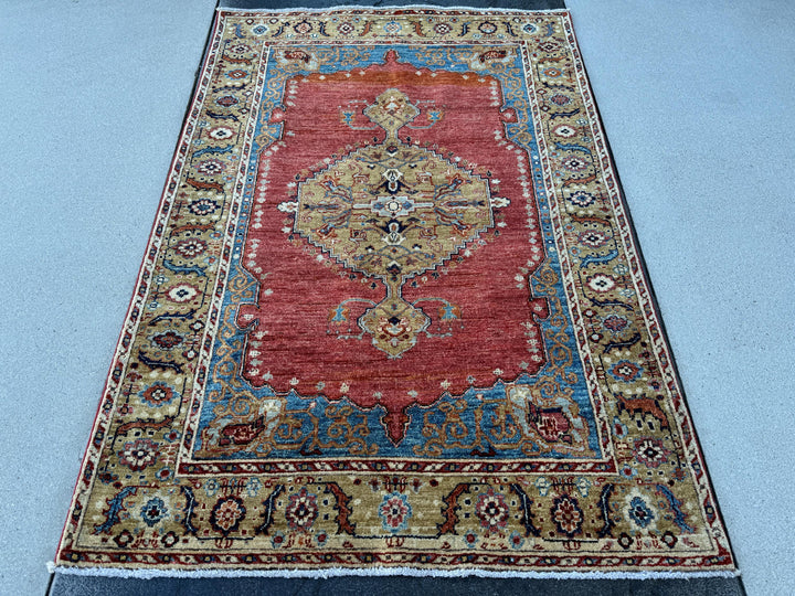 4x6 (120x185) Handmade Afghan Rug | Red Navy Sky Blue Cream Beige Gold Yellow Green | Wool Handknotted Tribal Persian Medallion Borders