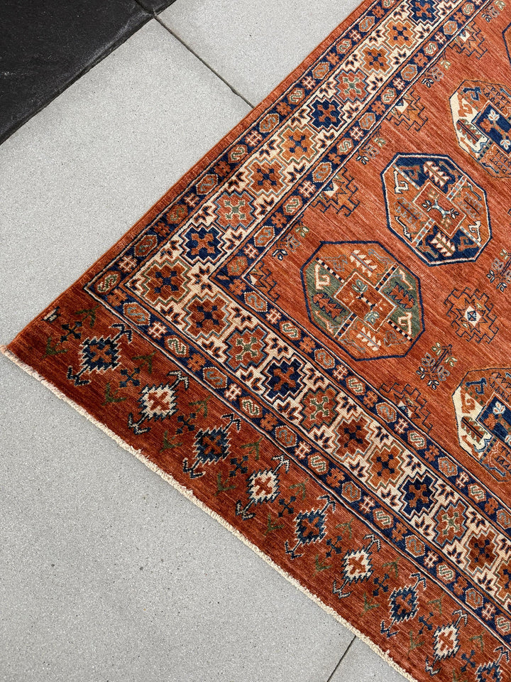 9x12 (279x368) Handmade Afghan Rug | Terracotta Rust Burnt Orange Brick Red Denim Midnight Baby Blue Hazel Moss Pine Green Warm Taupe Beige