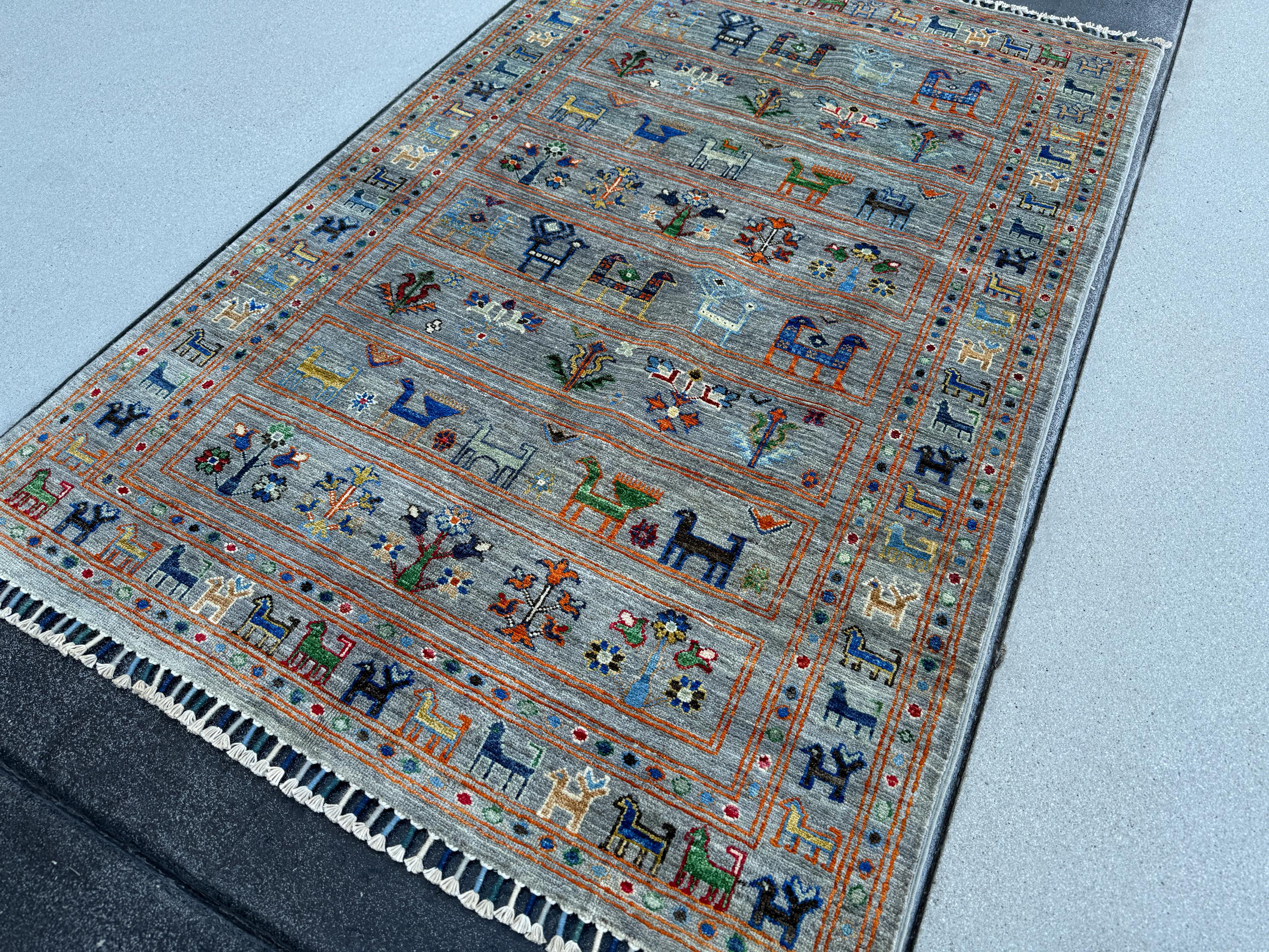 4x6 Handmade Afghan Rug | Muted Blue Beige Green Navy Sky Blue Red Coral Orange Golden Yellow | Gabbeh Wool Handknotted Tribal Persian Boho