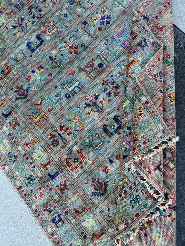 5x7 Handmade Afghan Rug | Muted Sky Blue Teal Beige Cream Off-White Red Golden Yellow Forest Green Lavender Purple | Wool Handknotted Gabbeh