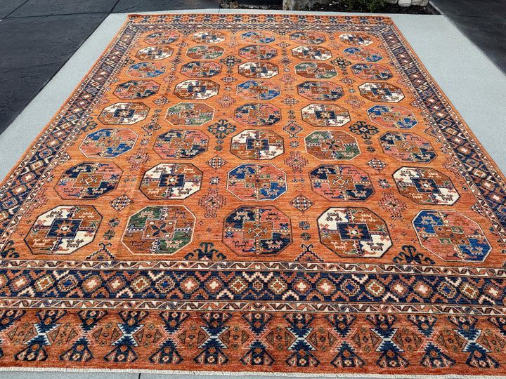 9x12 (274x366) Handmade Afghan Rug | Terracotta Orange Navy Blue Ivory Cream Forest Green Rust Red Sapphire Blue Golden Yellow | Gul Gol