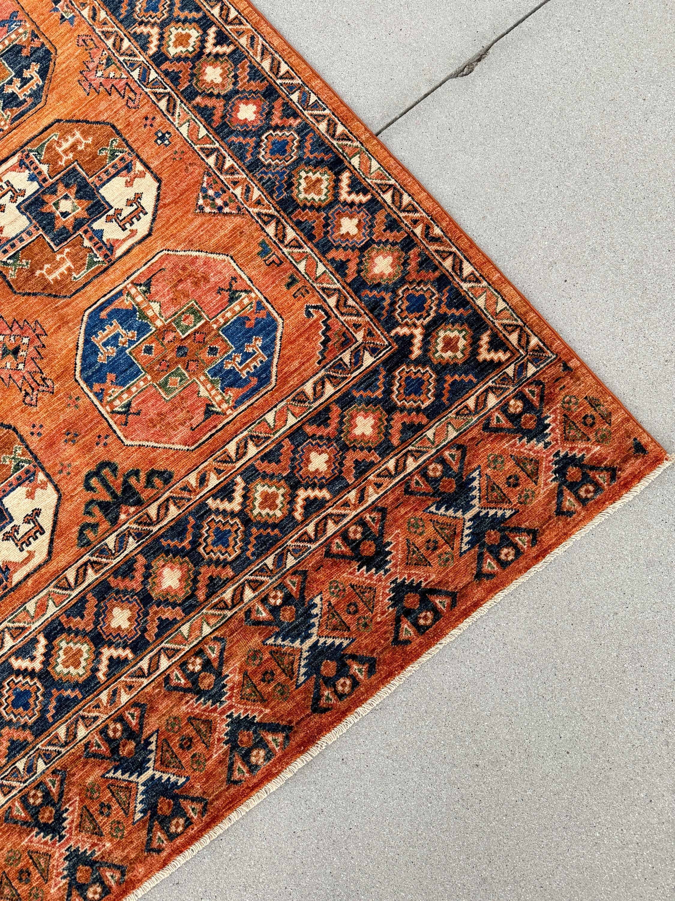 9x12 (274x366) Handmade Afghan Rug | Terracotta Orange Navy Blue Ivory Cream Forest Green Rust Red Sapphire Blue Golden Yellow | Gul Gol