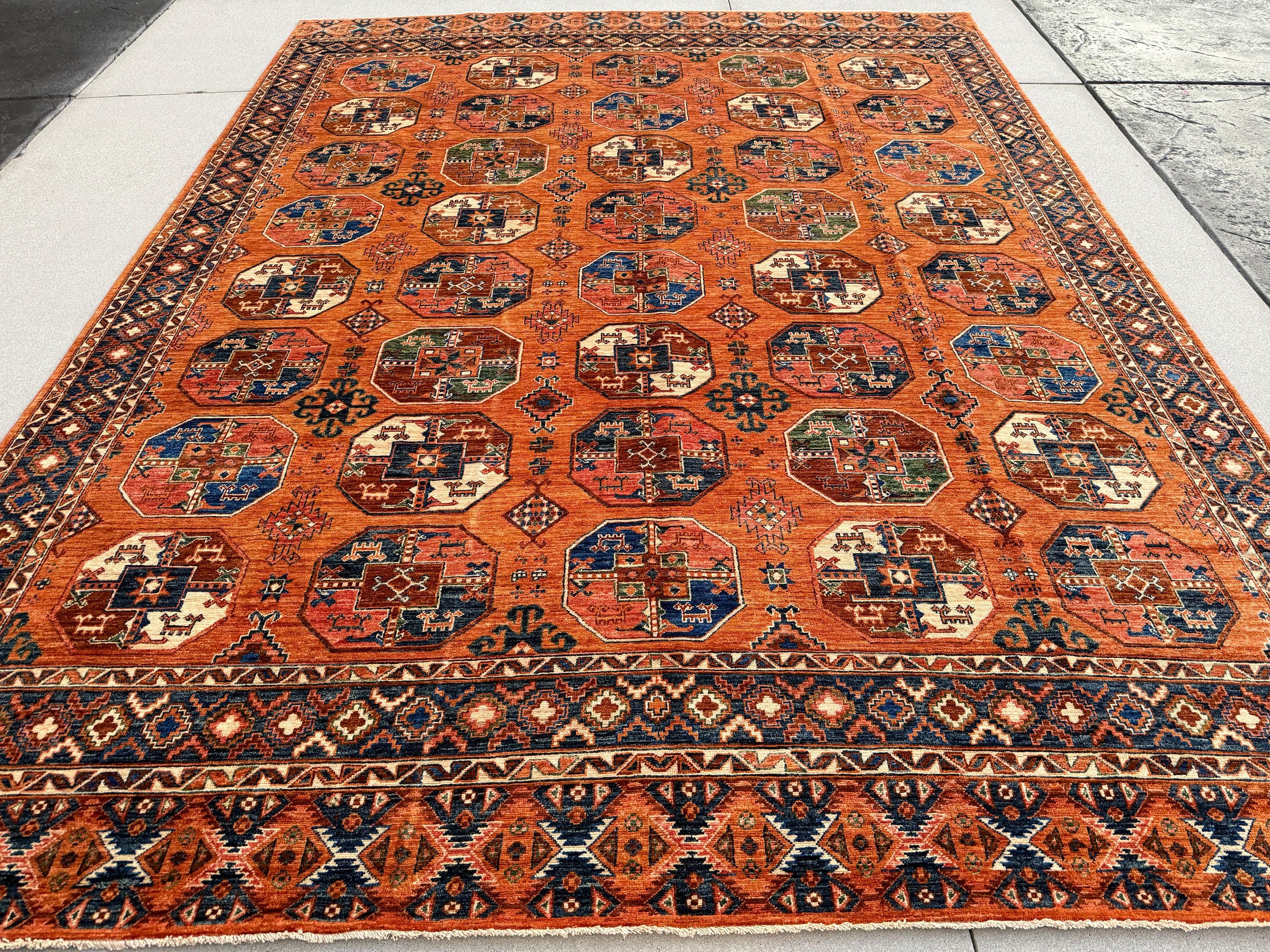 9x12 (274x366) Handmade Afghan Rug | Terracotta Orange Navy Blue Ivory Cream Forest Green Rust Red Sapphire Blue Golden Yellow | Gul Gol