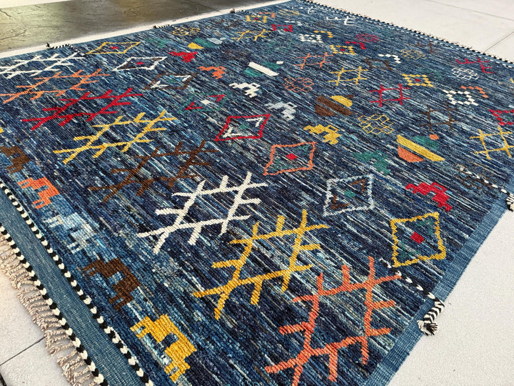 11x14 Handmade Afghan Moroccan Rug | Navy Blue Teal Bright Red Golden Yellow Ivory Cream Orange Forest Green Rust Brown | Berber Beni Ourain