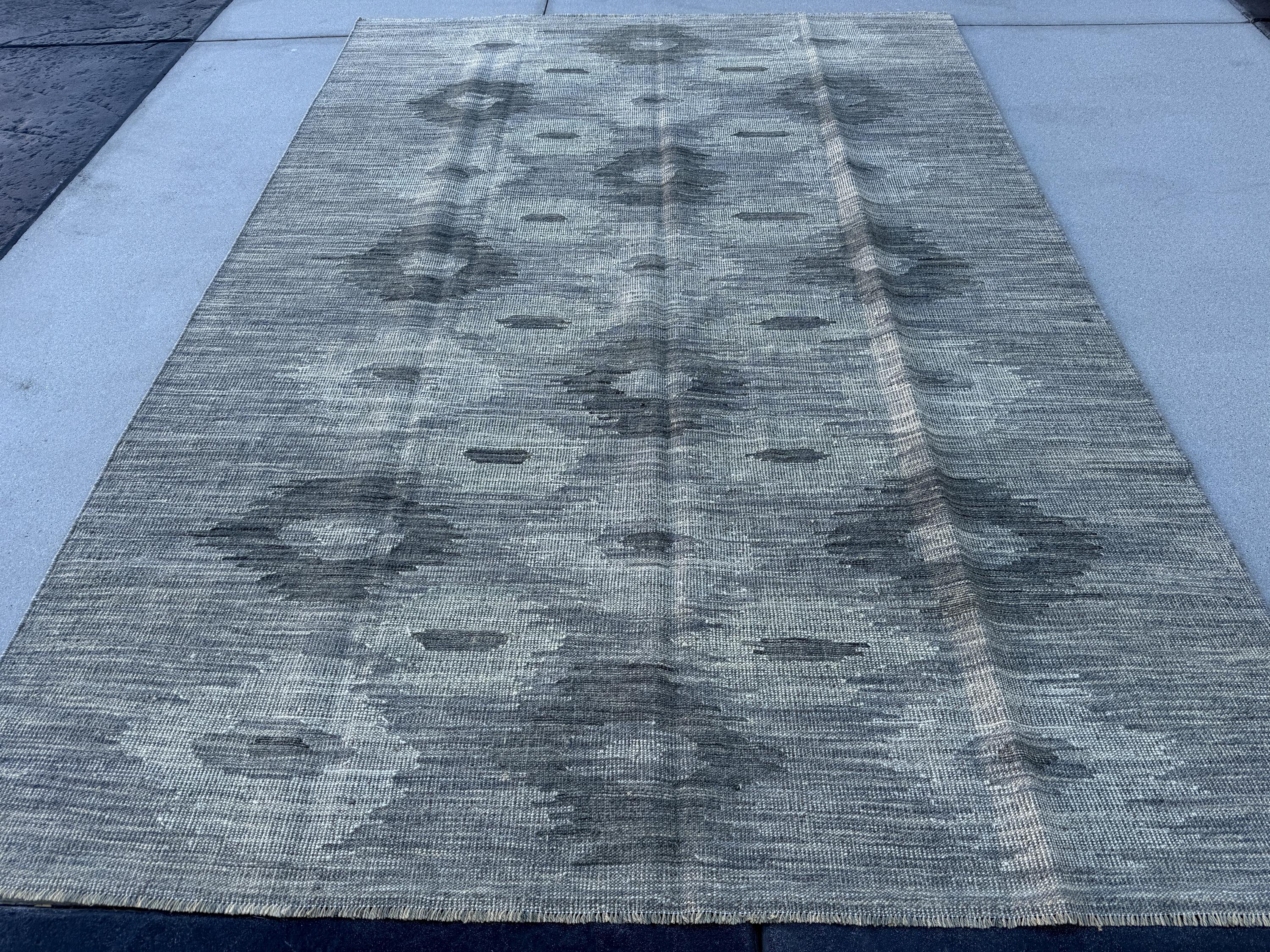 7x10 Handmade Afghan Kilim Rug | Muted Neutral Charcoal Gray Grey Ivory | Wool Handknotted Boho Moroccan Flatwoven Low-Pile Flatweave