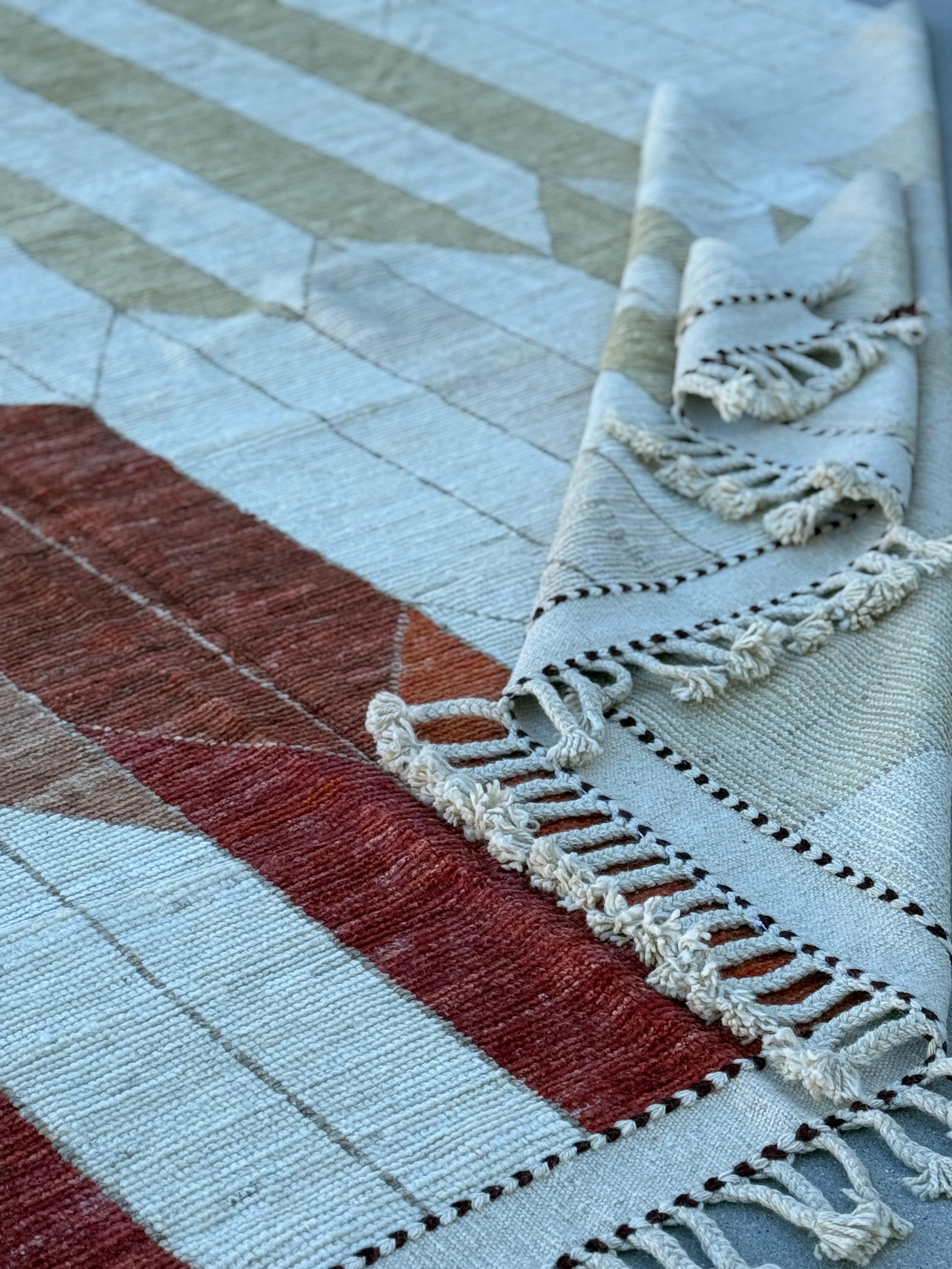 9x11 Handmade Afghan Moroccan Rug | Ivory Cream Soft Beige Pale Olive Green Burnt Orange Rust Red Black | Earth Tone Berber Beni Ourain